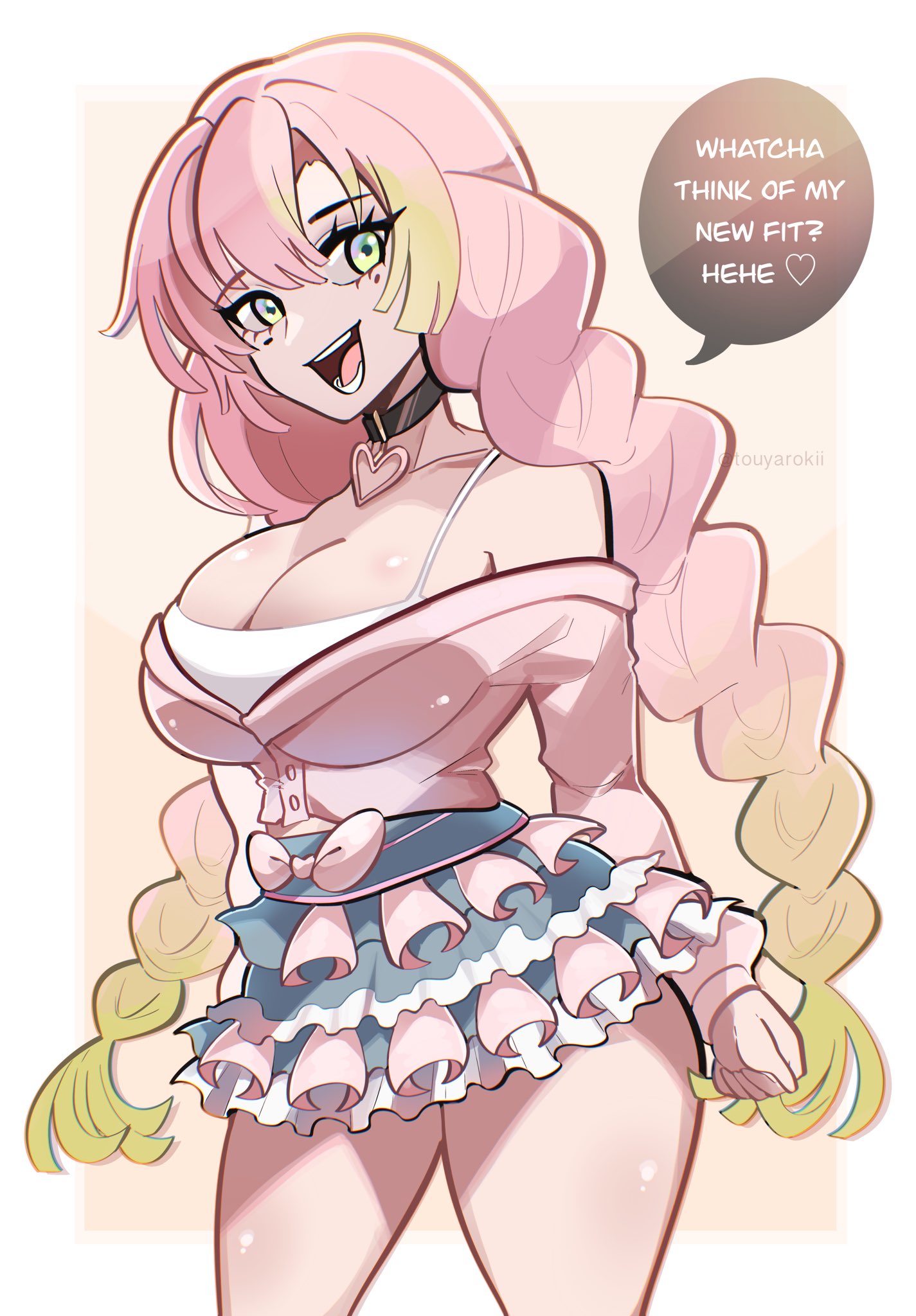 big breasts, bowtie, braided hair, braided twintails, breasts, buttons, choker, clenched hand, collar, collarbone, colored background, cute, demon slayer, english, english text, female, freckles, freckles on face, frills, frilly, frilly clothing, green eyes, green hair, heart choker, kanroji mitsuri, kimetsu no yaiba, large breasts, long hair, long sleeves, mitsuri kanroji, multicolored hair, open mouth, pink hair, smile, speech bubble, spoken heart, sweater, tank top, thick ass, thick thighs, thin waist, touyarokii, twintails, white background