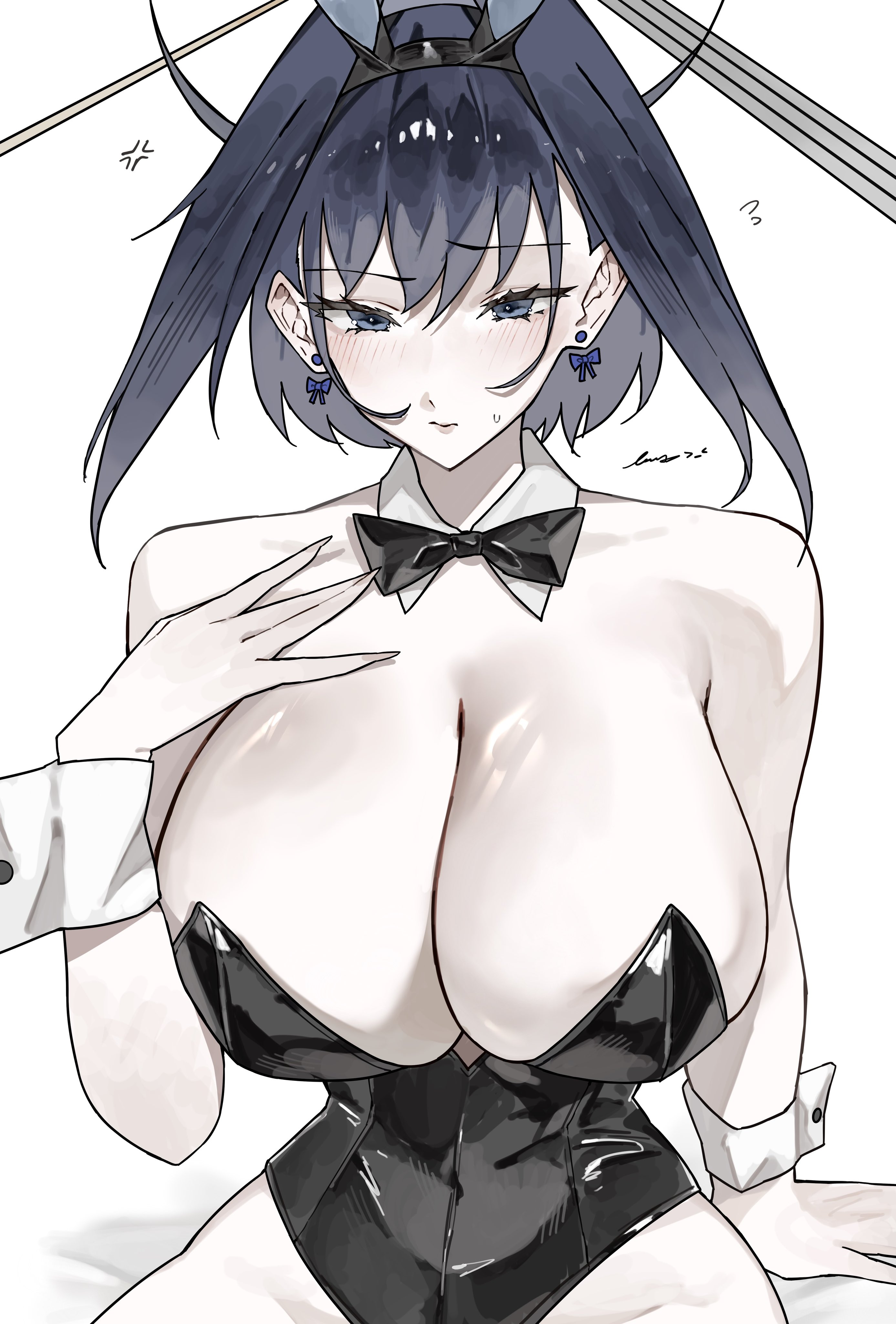 1girls, 2025, bare shoulders, black bunnysuit, blue eyes, blue hair, breasts, bunnysuit, ewn, fake animal ears, fake rabbit ears, female, female only, hi res, hololive, hololive english, hololive english -council-, hololive english -promise-, huge breasts, light skin, light-skinned female, looking at viewer, ouro kronii, simple background, solo, sweat, sweatdrop, virtual youtuber, vtuber, white background, white body, wrist cuffs, youtube, youtuber