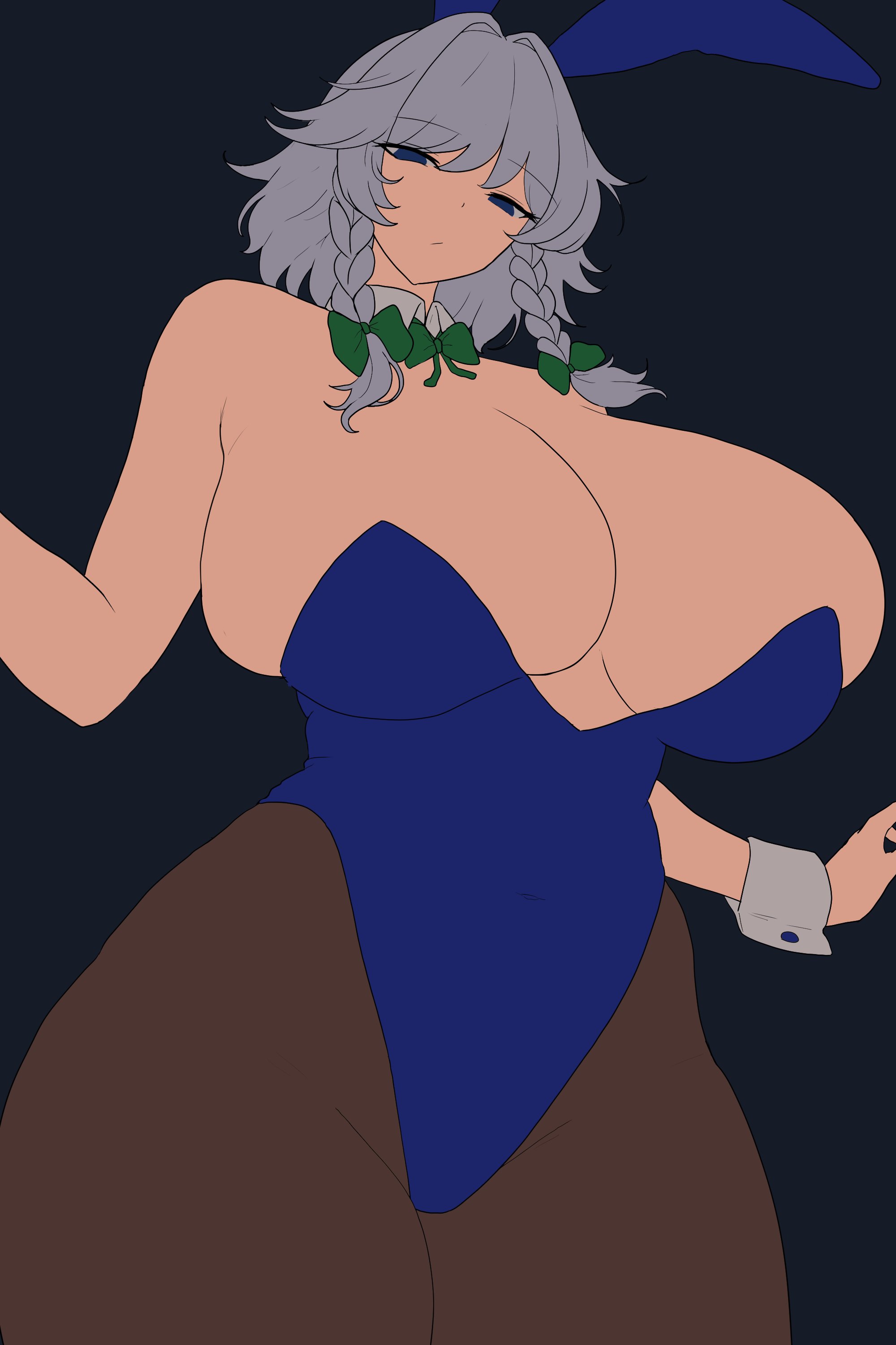 1girls, 2025, bare shoulders, big breasts, black background, blue bunnysuit, breasts, bunny ears, bunnysuit, curvy, emotionless, fake animal ears, fake rabbit ears, female, female only, grey hair, hi res, huge breasts, light skin, light-skinned female, looking at viewer, looking down, looking down at viewer, moriforest1040, pantyhose, playboy bunny, sakuya izayoi, simple background, solo, thick thighs, thighs, touhou, touhou project, twintails, wrist cuffs