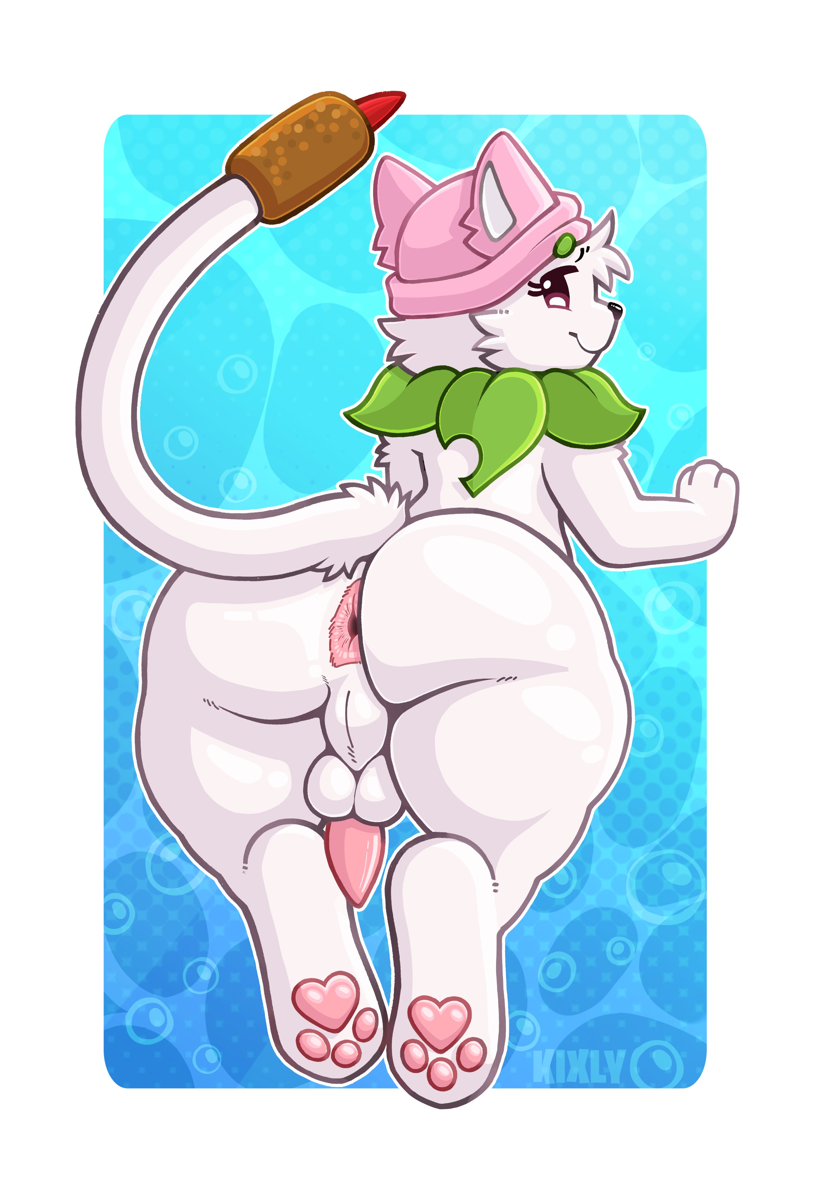 anthro, anthrofied, anus, ass, breasts, cattail (pvz), cock-tail, feline, femboy, femboy only, flora fauna, furry, kixly, looking at viewer, looking back, male, male only, paws, penis, pink anus, plant, plant humanoid, plantie, plants vs zombies, plants vs. zombies, popcap games, presenting, presenting anus, presenting hindquarters, tail, white fur