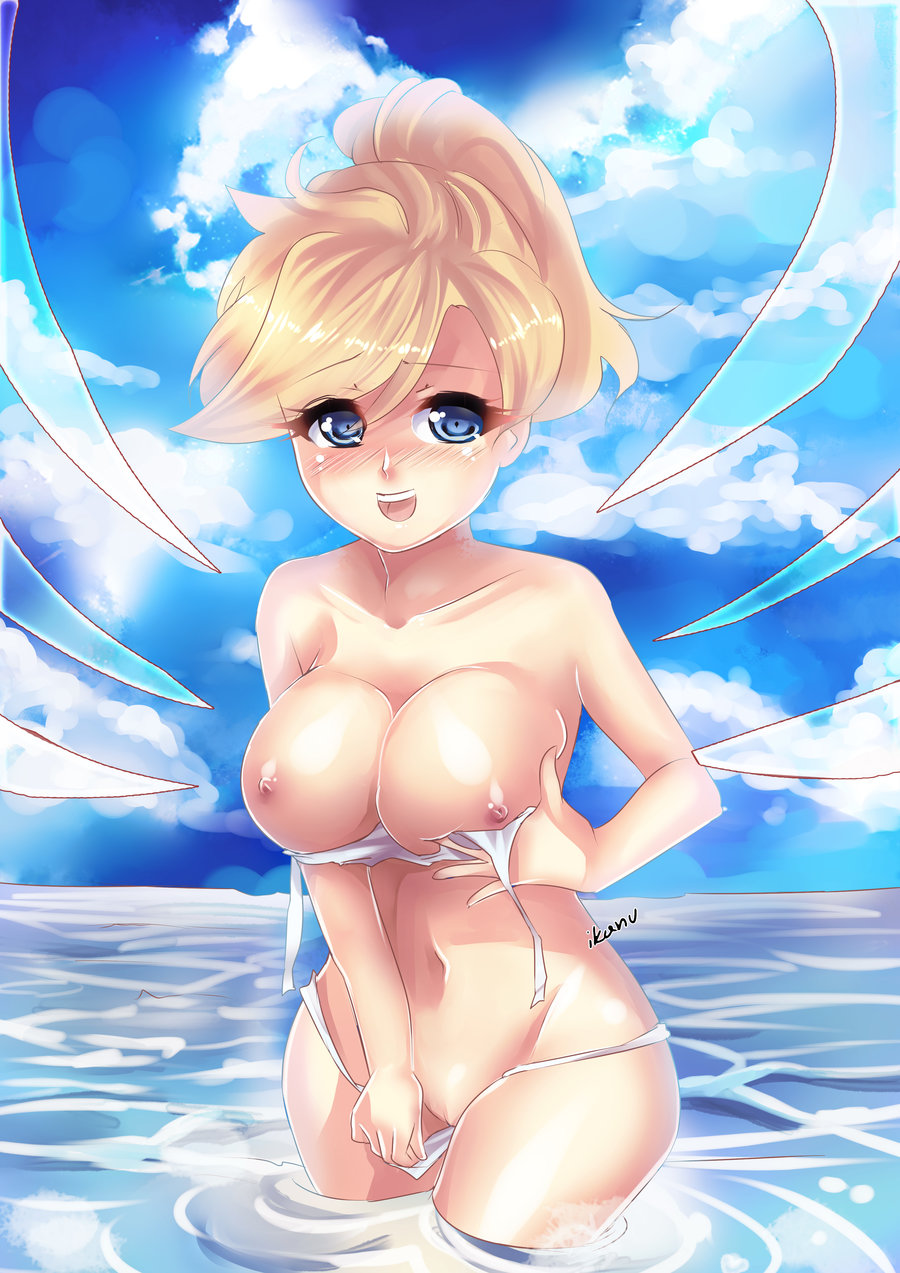 areolae big_breasts blonde_hair blue_eyes breasts female female_only ikanu96 large_breasts looking_at_viewer mercy nipples overwatch pussy solo