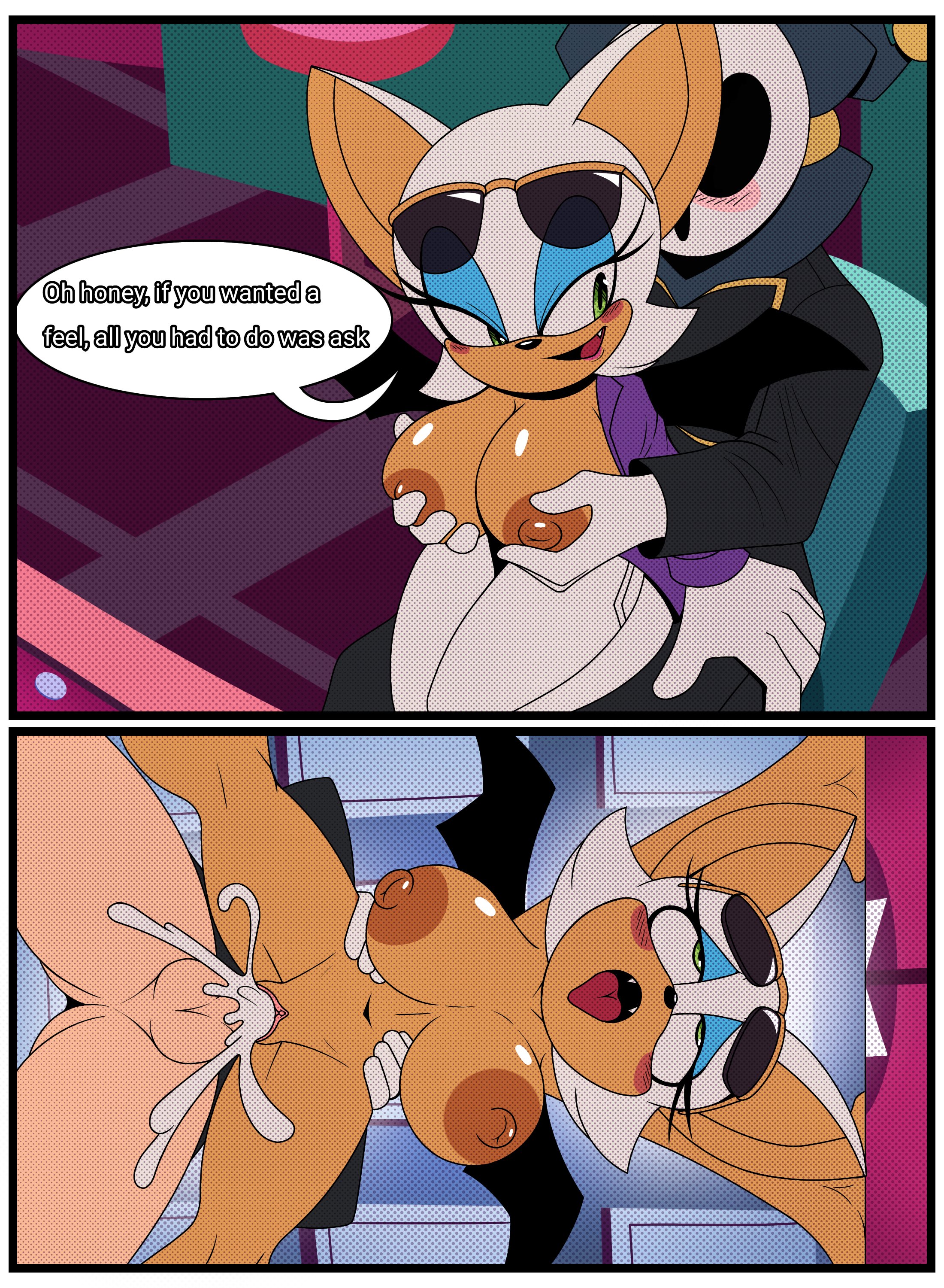 1boy, 1girls, anthro, anthro on human, anti groove, bat, bat girl, big breasts, comic, cum, cum in pussy, english, english text, grabbing breasts, green eyes, human, human on anthro, rouge the bat, shy guy, sonic (series), sonic the hedgehog (series), the murder of sonic the hedgehog, top hat, unseen male face, vaginal penetration, vaginal sex