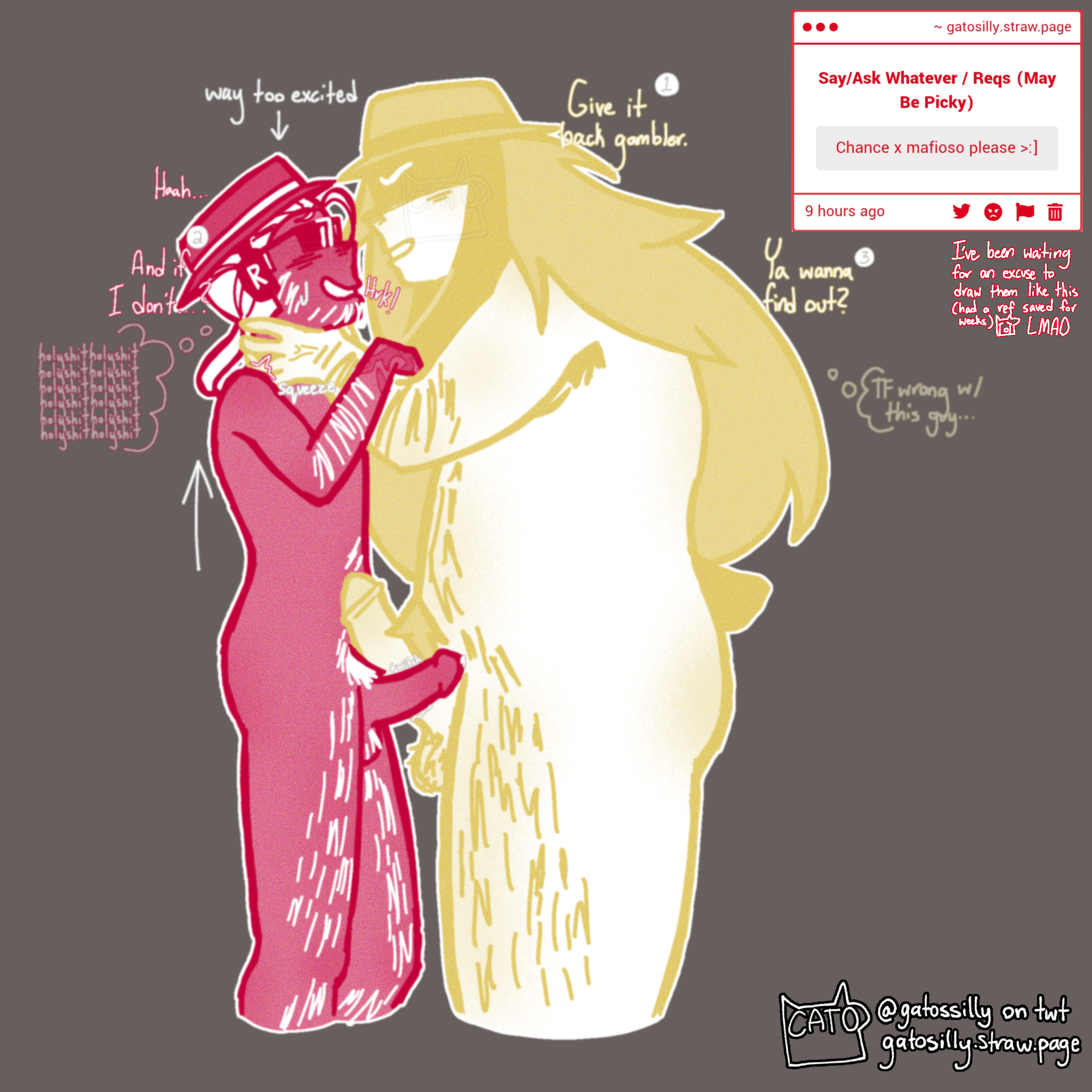 asphyxiation, chance (forsaken), choking, colored sketch, consensual, dialogue, dicks touching, forsaken (roblox), gatosilly, gay, hairy male, mafioso (forsaken), male, masochism, masochist, muscular, muscular male, roblox, roblox game, robloxian, self upload, size comparison, size difference, sketch, strangling, strawpage request, threatening, yaoi