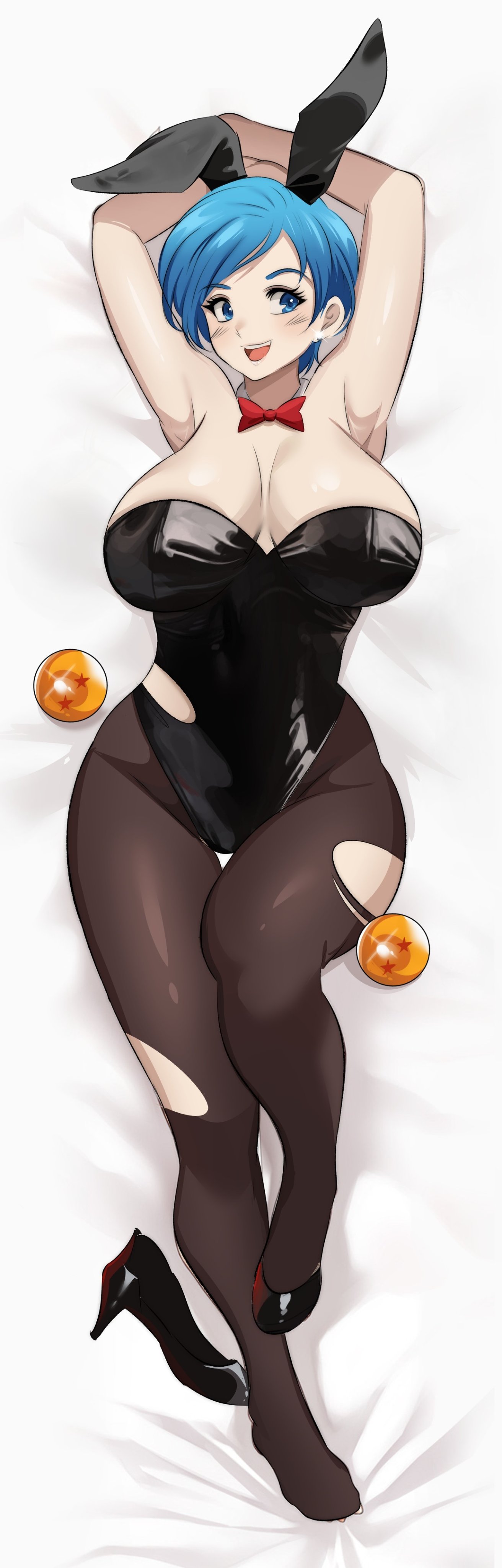 1girls, absurdres, alternate breast size, alternate breast size (larger), animal ears, arms up, big breasts, black heels, black high heels, black leotard, black pantyhose, blue eyes, blue hair, bow, bowtie, breasts, bulma briefs, bunny ears, bunny girl, bunnysuit, commission, curvy, dragon ball, dragon ball (object), dragon ball super, fake animal ears, female, female only, heels, high heels, highres, hourglass figure, huge breasts, large breasts, leotard, lying, milf, on back, pantyhose, playboy bunny, rabbit, red bow, red bowtie, short hair, smile, strapless, strapless leotard, wide hips, zuyu (zuyuzuyu6), zuyuzuyu6