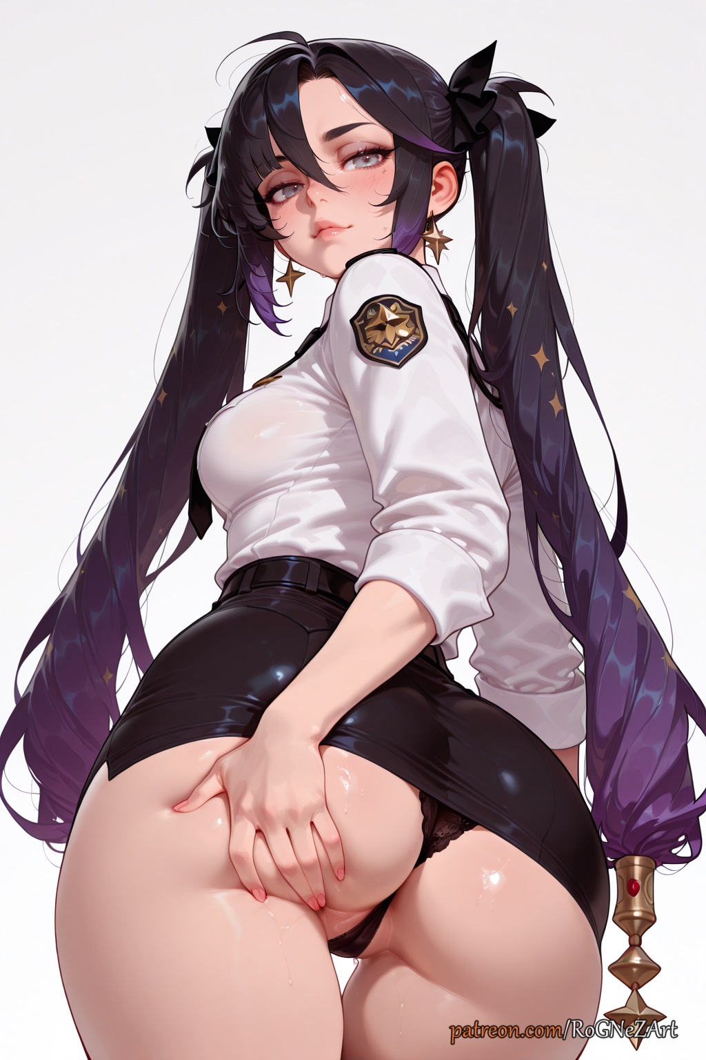 1girls, 2025, ai generated, ass, ass focus, big ass, black hair, black panties, black skirt, blush, breasts, buttocks, cameltoe, cleavage, crossover, earrings, eye contact, female, female focus, female only, flushed, from behind, genshin impact, grabbing own ass, gradient hair, grey eyes, hair between eyes, hair ribbon, hi res, highres, hoyoverse, jewelry, light skin, light-skinned female, long hair, looking at viewer, looking back, medium breasts, mihoyo, miniskirt, mona (genshin impact), multicolored hair, necktie, panties, partially visible vulva, patreon, patreon username, pencil skirt, police, police uniform, policewoman, purple hair, pussy, ribbon, rognezart, shirt, simple background, skirt, solo, star (symbol), thick thighs, thigh gap, thighs, twintails, underwear, uniform, very long hair, white background, white shirt