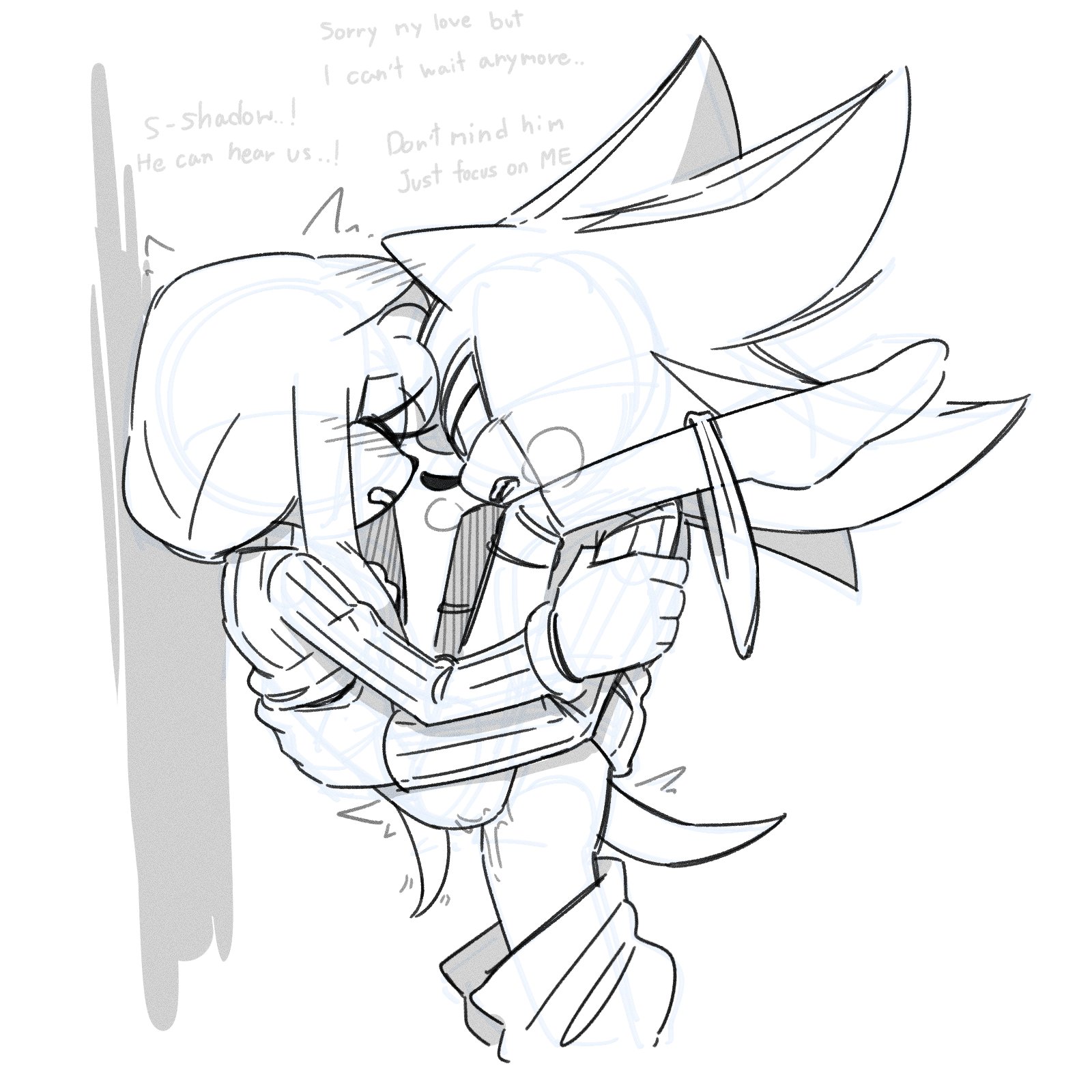 1:1, 1boy, 1girls, 2025, 2d, against wall, amy rose, anthro, anthro on anthro, black nose, blush lines, bracelets, carrying partner, closed eyes, clothed sex, dialogue, digital drawing (artwork), eulipotyphlan, eyelashes, female, furry, hedgehog, hedgehog boy, hedgehog girl, looking at partner, male, male/female, monochrome, nwahs zb, panties around one leg, precum, sega, sex, shadow the hedgehog, sketch, sonic (series), sonic the hedgehog (series), stand and carry position, standing sex, tail, text, thighhighs, tremble spikes