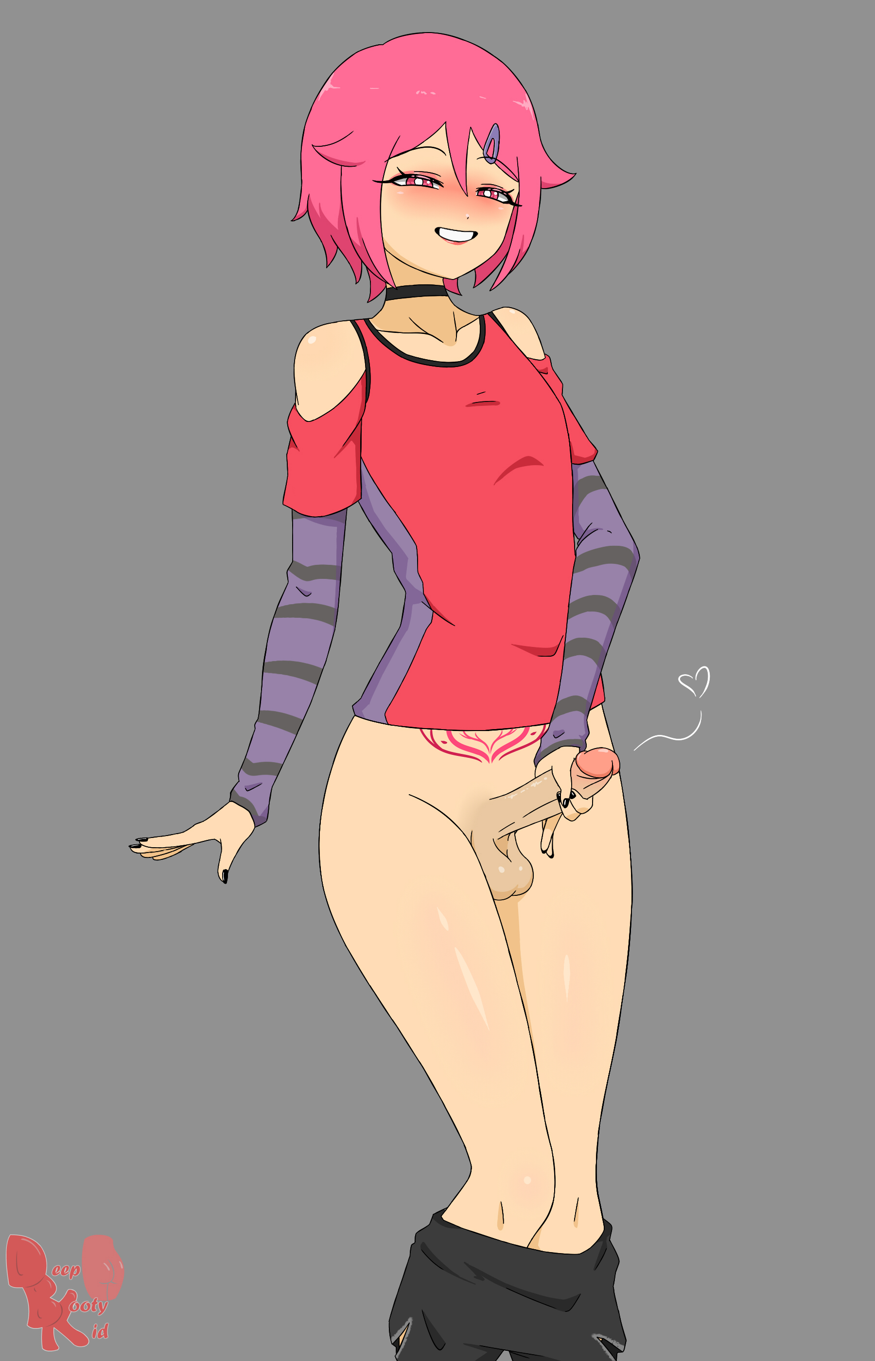 1boy, 1femboy, balls, blush, bottomless, choker, deepbootykid, exposed shoulders, femboy, floating heart, gay, hairclip, holding penis, lipstick, makeup, male, male only, painted nails, pants down, penis, pink hair, pubic tattoo, riku (deepbootykid), smiling at viewer, solo femboy, solo male