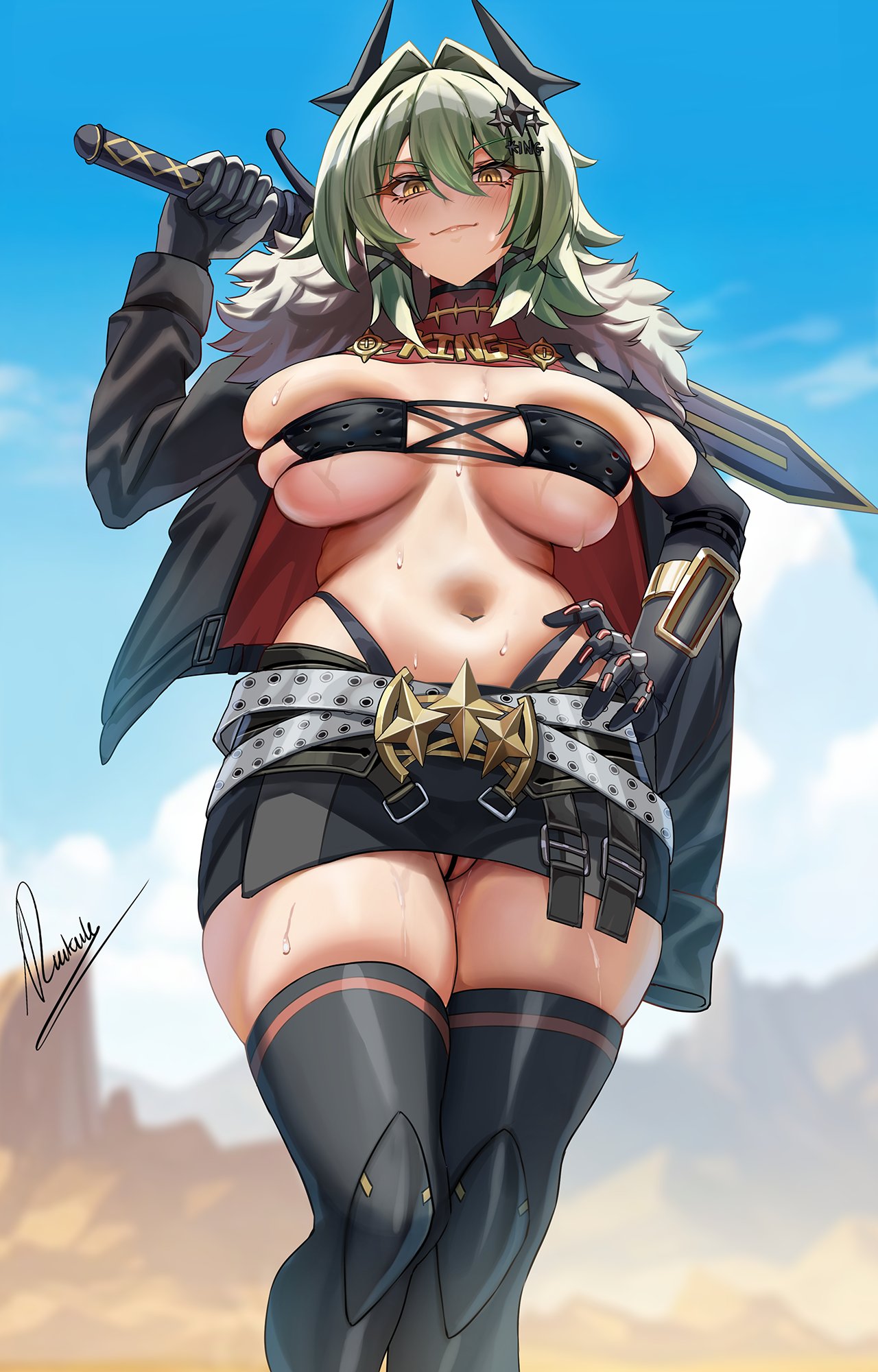 1girls, belt, black gloves, black horns, black jacket, black panties, black skirt, black thighhighs, blue sky, breasts, caesar king, closed mouth, collar, commentary, day, english commentary, female, female only, fur trim, fur-trimmed jacket, g-string, gloves, hair between eyes, hair intakes, hair ornament, hand on own hip, highres, holding, holding sword, holding weapon, horns, jacket, jacket on shoulders, large breasts, navel, outdoors, panties, partially visible vulva, piukute062, prosthesis, prosthetic arm, pussy, red collar, signature, single glove, skirt, sky, smile, solo, stomach, sword, thighhighs, thighs, thong, underwear, weapon, whale tail (clothing), white belt, x hair ornament, yellow eyes, zenless zone zero