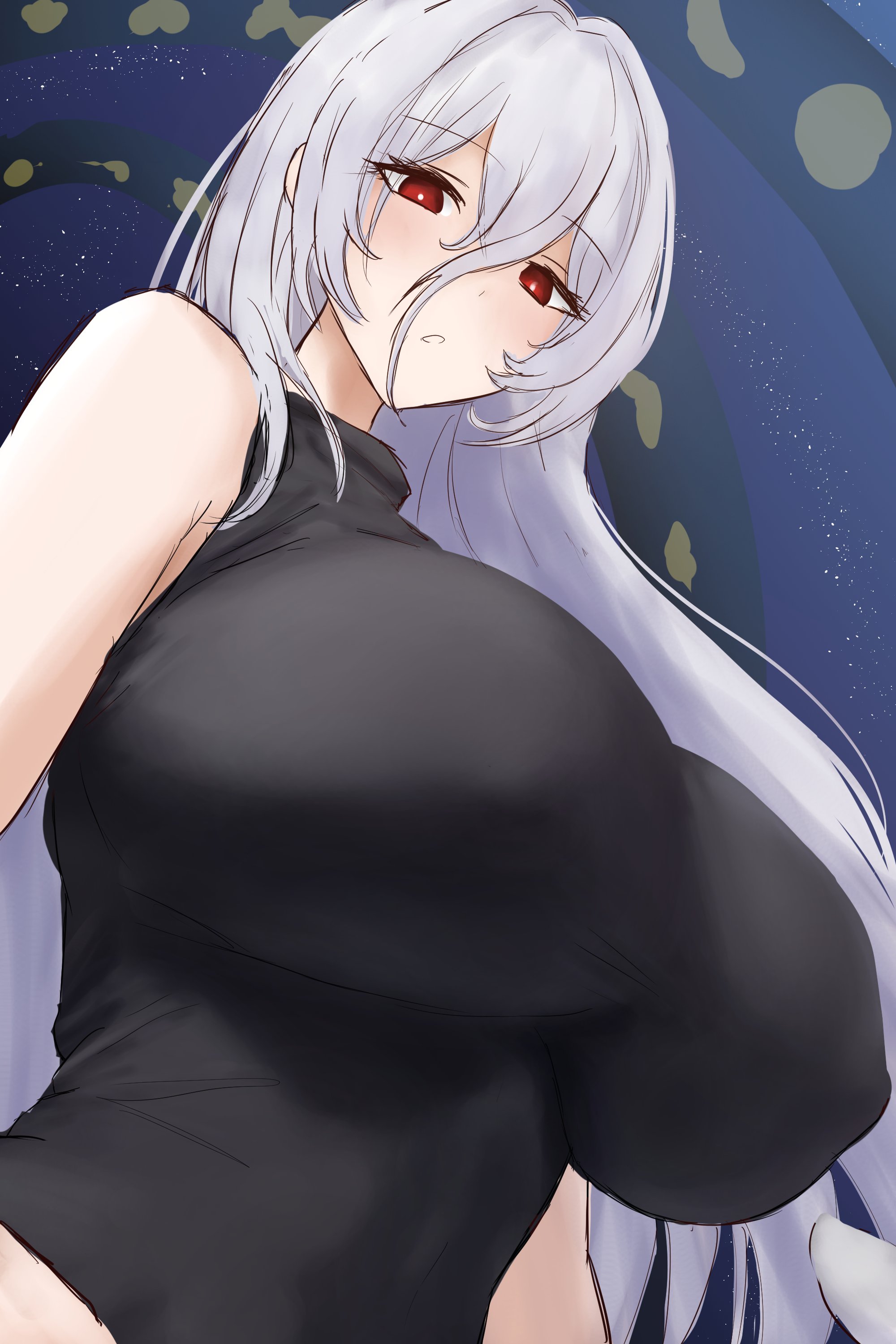 bare shoulders, black shirt, breasts, commentary request, double-parted bangs, female, highres, huge breasts, impossible clothes, impossible shirt, light blush, long hair, looking at viewer, moriforest1040, parted lips, red eyes, shirt, sketch, sleeveless, sleeveless turtleneck, solo, touhou, turtleneck, turtleneck shirt, upper body, white hair, yuiman asama