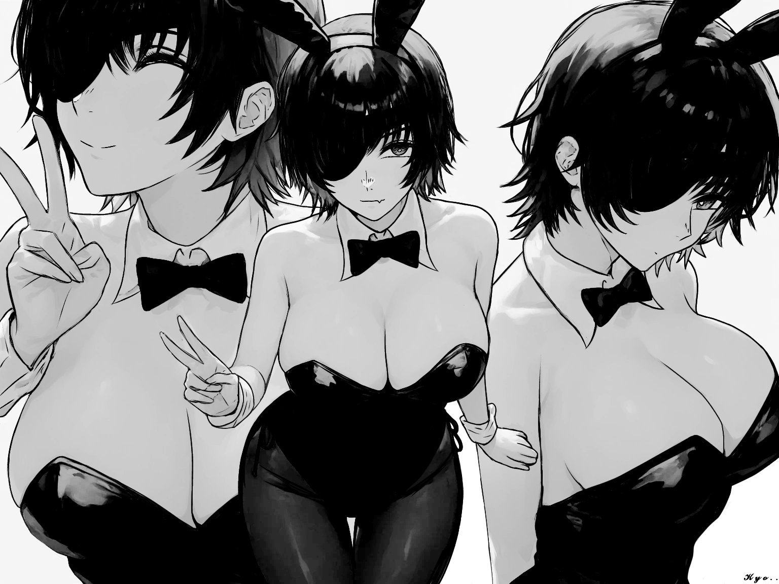 1girls, 2025, bare shoulders, black and white, black hair, breasts, bunny ears, bunnysuit, chainsaw man, detached collar, fake animal ears, female, female only, hi res, himeno (chainsaw man), looking at viewer, mappa, pantyhose, playboy bunny, simple background, smile, solo, v, white background, white body, wrist cuffs