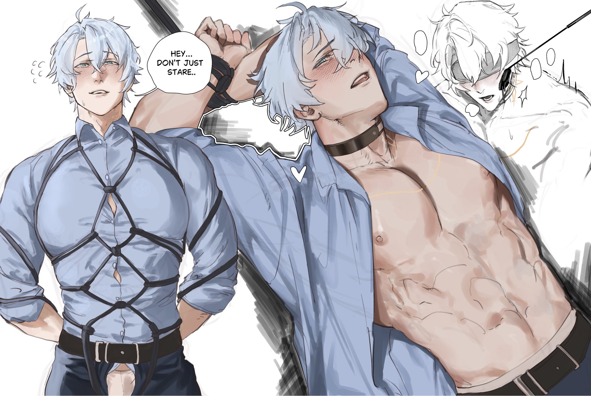bdsm gear, bondage, dick print, echoei3, hands behind back, hands tied, honkai: star rail, male, pants open, penis, phainon (honkai: star rail), riding crop, rope, shibari, shibari over clothes, shirt open