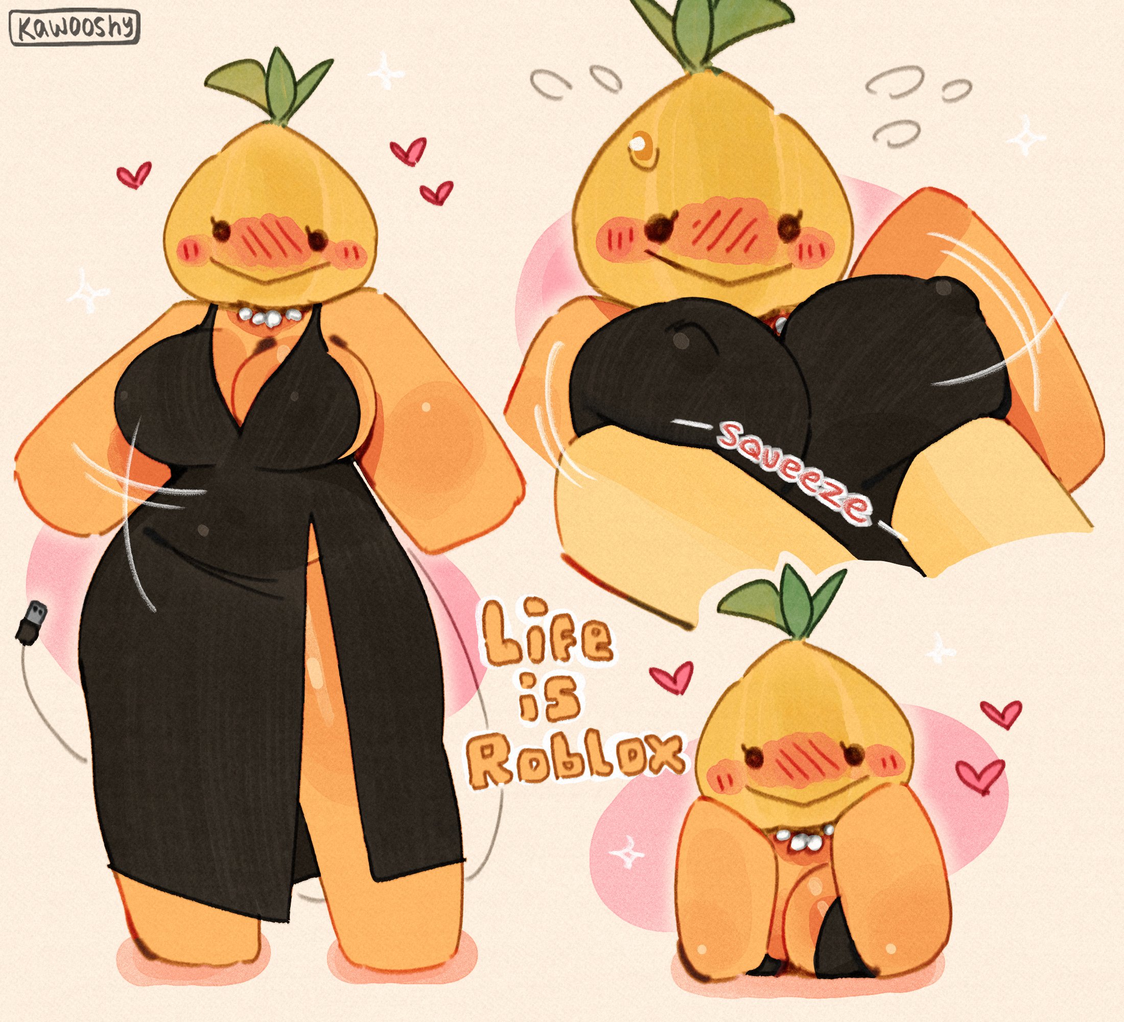 1girls, 2025, 2d, areola slip, areolae, barefoot, black dress, blocky body, blush, breasts, chubby, chubby female, cleavage, dress, english text, female, fruit, full body, grabbing breasts, heart, kawooshy, multiple images, necklace, nipple bulge, nipples, nipples visible through clothing, orange body, roblox, roblox avatar, robloxian, squeezing breast, sweatdrop, text, thighs