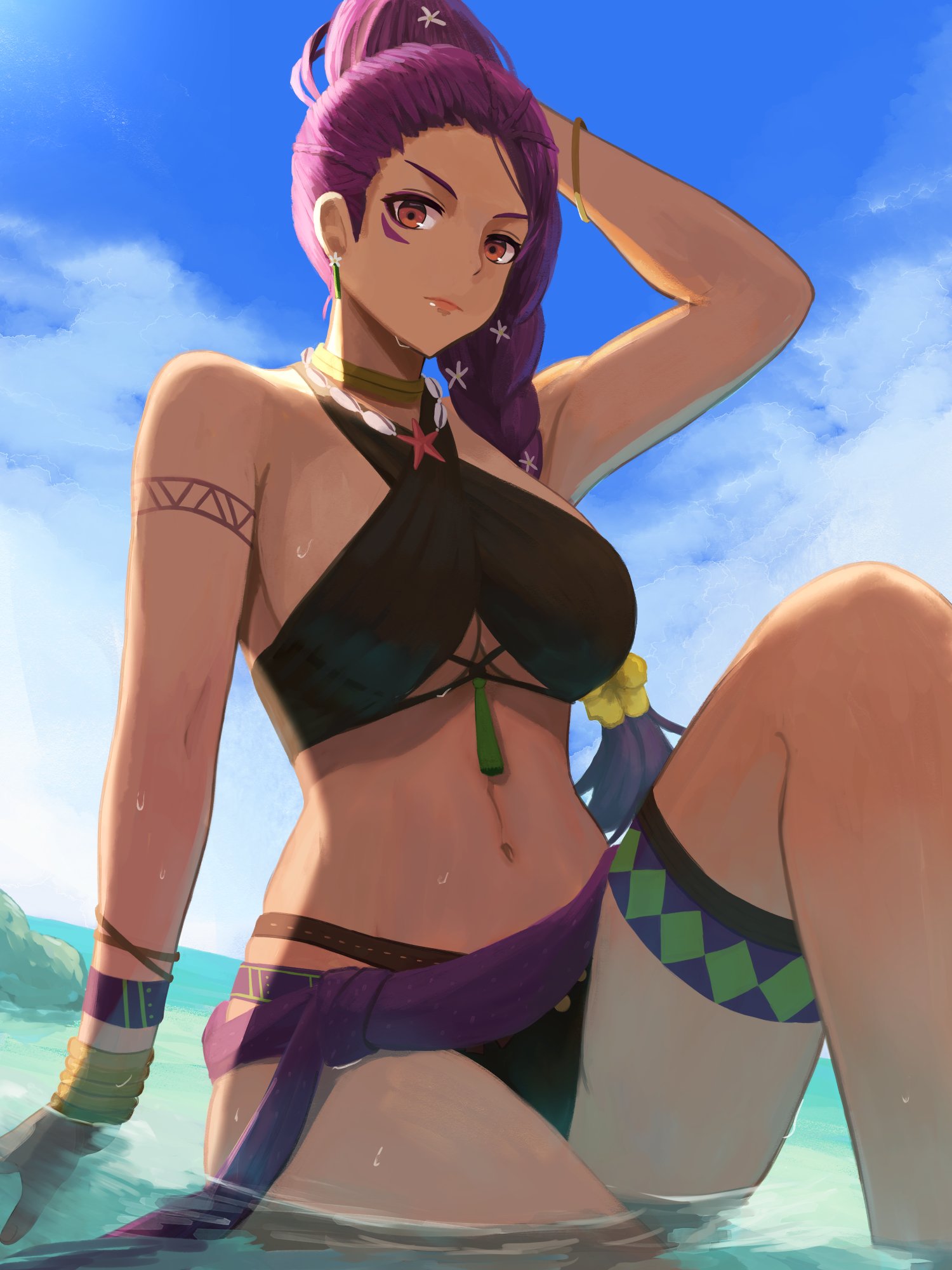 1girls, bikini, blue sky, bocas top, braid, braided ponytail, breasts, brown bikini, choker, cloud, criss-cross halter, dark skin, dark-skinned female, earrings, facial mark, female, female only, fire emblem, fire emblem heroes, halterneck, highres, jewelry, labebebe lee, large breasts, long hair, looking at viewer, navel, nintendo, ocean, official alternate costume, outdoors, petra macneary, petra macneary (summer), ponytail, purple hair, sitting, sky, solo, swimsuit, thigh strap, thighs, underboob, water