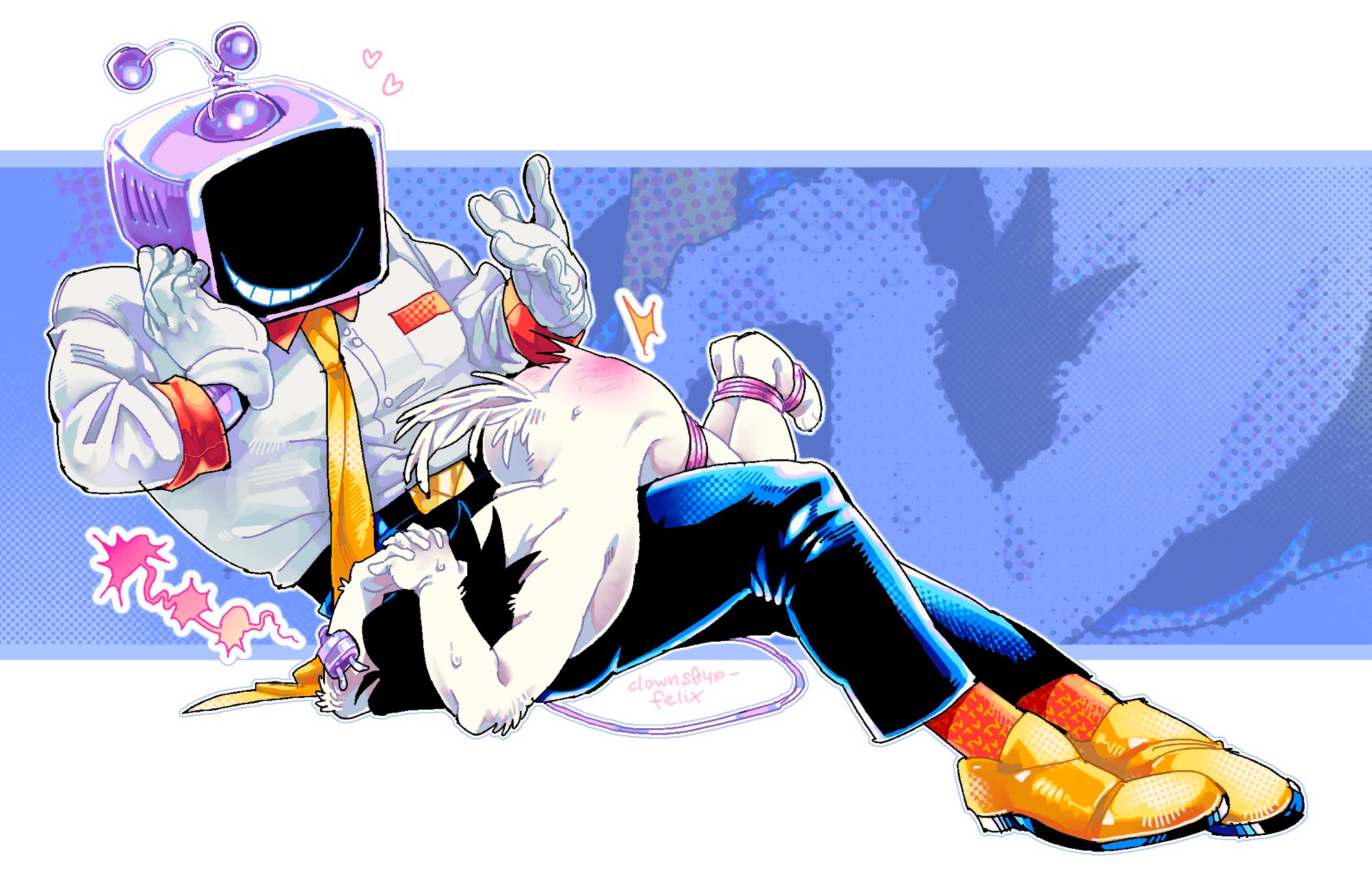 2boys, ass up, ass up face down, deltarune, male, male/male, maledom, malesub, naked male, smaller male, spamdinner, spamton g spamton, spanking, tenna (deltarune), tied, tied legs