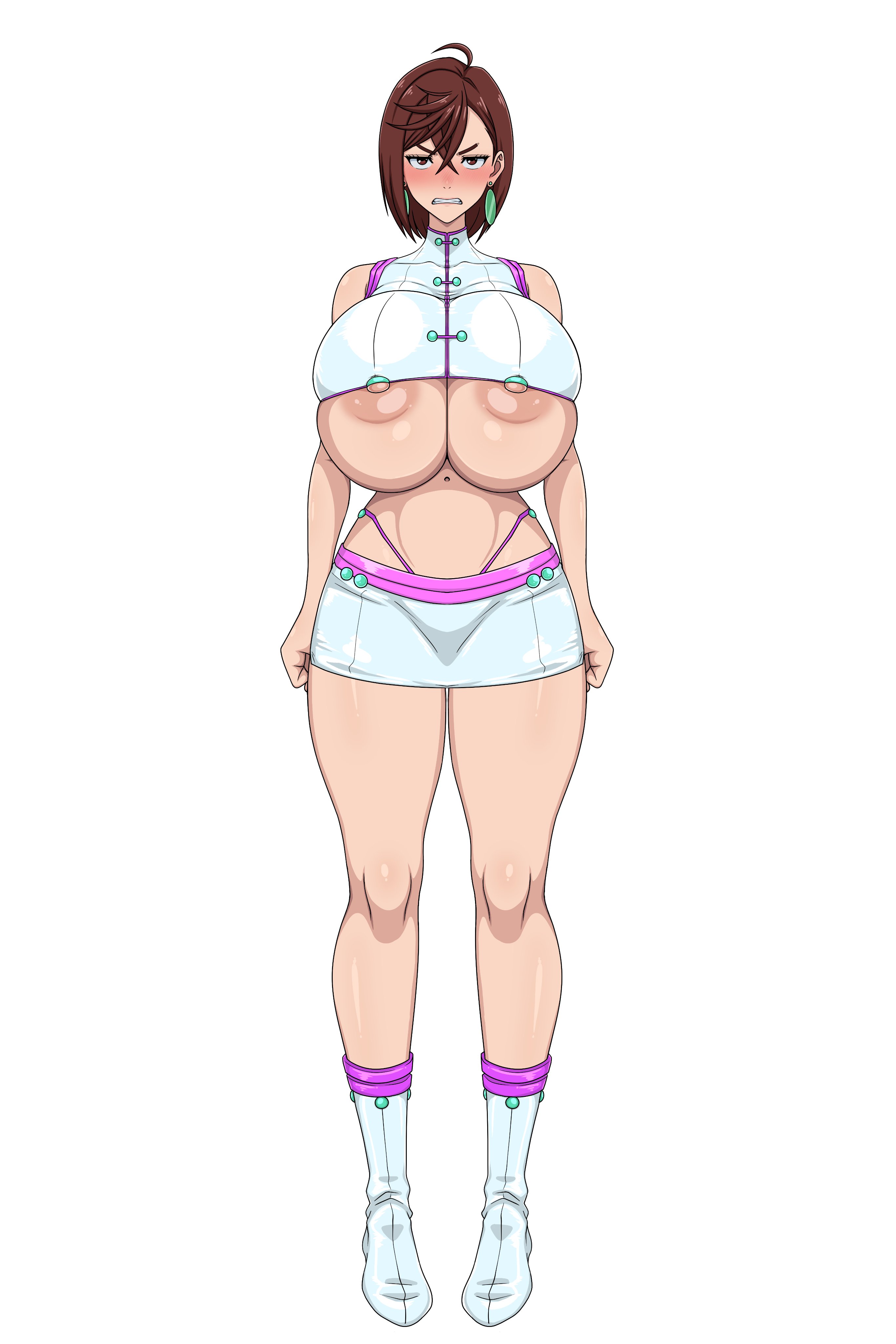 1girls, angry, angry expression, angry face, annoyed, annoyed expression, areola slip, areolae, ayase momo, barely clothed, belly button, big breasts, blue clothing, blush, blushing at viewer, boots, bra, breasts, breasts bigger than head, brown eyes, brown hair, cleavage, dandadan, earrings, embarrassed, exposed legs, female, female focus, female only, half naked, high heels, huge breasts, irritated, large breasts, looking at viewer, miniskirt, navel, nipple slip, nipples visible through clothing, pink skirt, short hair, sihkygmojsn, simple background, skimpy clothes, solo, solo female, solo focus, standing, string panties, suprised, teeth, teeth clenched, teeth showing, thick thighs, thighs, thong, tight clothing, underboob, white background, white boots, white clothing, white skirt, wide hips