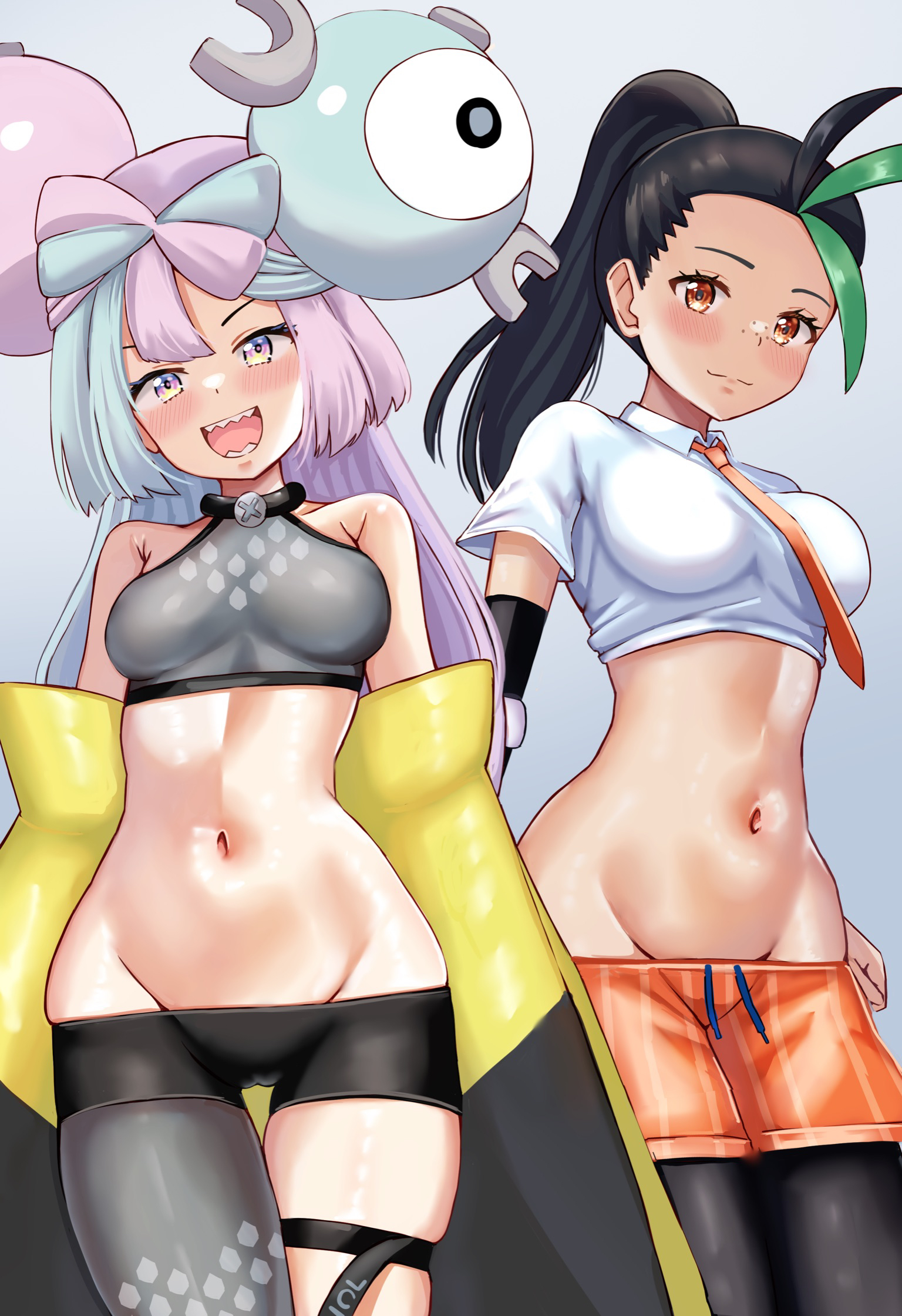 :d, 2girls, adapted costume, armpit crease, bare shoulders, black hair, black shorts, blue hair, blush, bow-shaped hair, breasts, character hair ornament, closed mouth, collared shirt, commentary, cowboy shot, crop top, dark skin, dark-skinned female, elbow gloves, female, female only, freckles, gloves, green hair, grey pantyhose, grey shirt, groin, hair ornament, hexagon print, highres, iono (pokemon), jacket, long hair, looking at viewer, medium breasts, midriff, multicolored hair, multiple females, multiple girls, naranja academy school uniform, navel, necktie, nemona (pokemon), nintendo, nootomo, open mouth, orange eyes, orange necktie, orange shorts, oversized clothes, pantyhose, pink eyes, pink hair, pokemon, pokemon sv, ponytail, school uniform, sharp teeth, shirt, short shorts, short sleeves, shorts, sidelocks, single elbow glove, single leg pantyhose, skindentation, sleeveless, sleeveless shirt, sleeves past fingers, sleeves past wrists, smile, split-color hair, standing, streaked hair, teeth, thigh strap, two-tone hair, very long hair, very long sleeves, yellow jacket