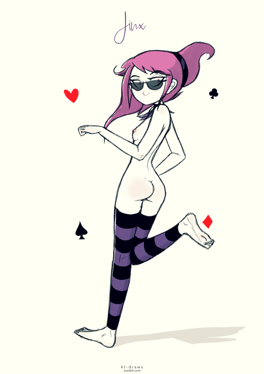 1girls, ass, asymmetrical hair, breasts, character name, dc, dc comics, female, female artist, female only, jinx (dc), kt-draws, looking at viewer, navel, nipples, nude, pale skin, pink eyes, pink hair, signature, small breasts, smile, solo, standing on one leg, striped, striped legwear, sunglasses, teen titans, teen titans (television series), text, thighhighs