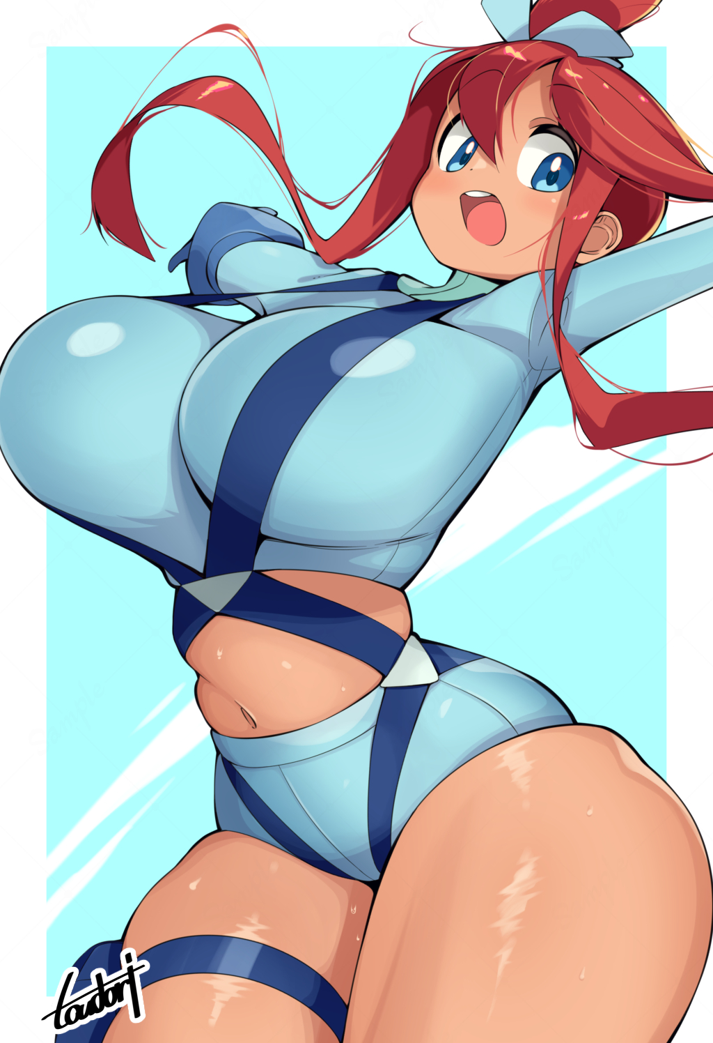 1girls, blue eyes, breasts, female, female only, game freak, highres, large breasts, nintendo, open mouth, pokemon, pokemon bw, red hair, skyla (pokemon), solo, toudori
