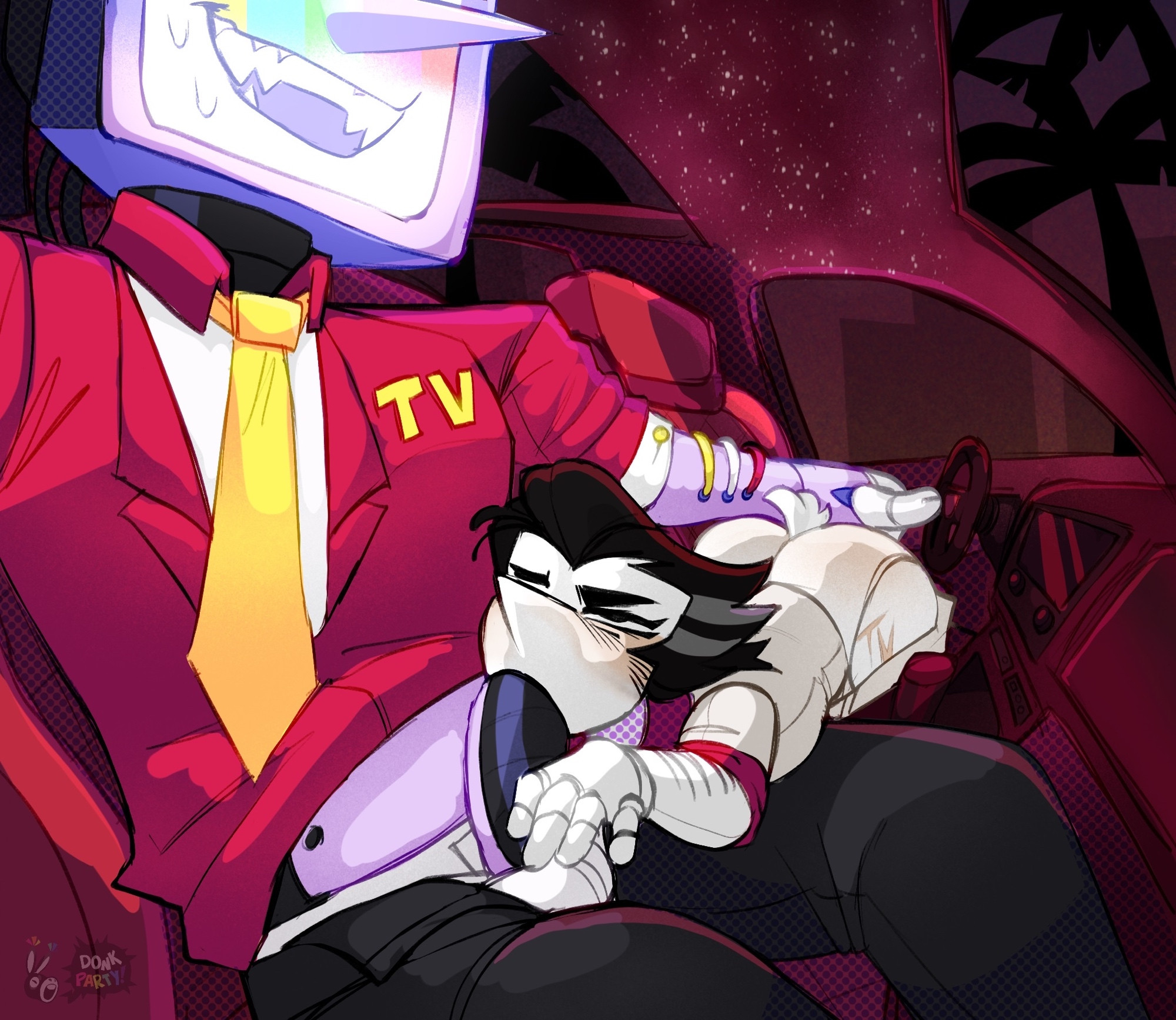 2boys, blowjob, car interior, car sex, clothed, deltarune, deltarune chapter 3, donkparty, fingering, gay, gay sex, male, smaller male, spamton g spamton, tenna (deltarune), yaoi