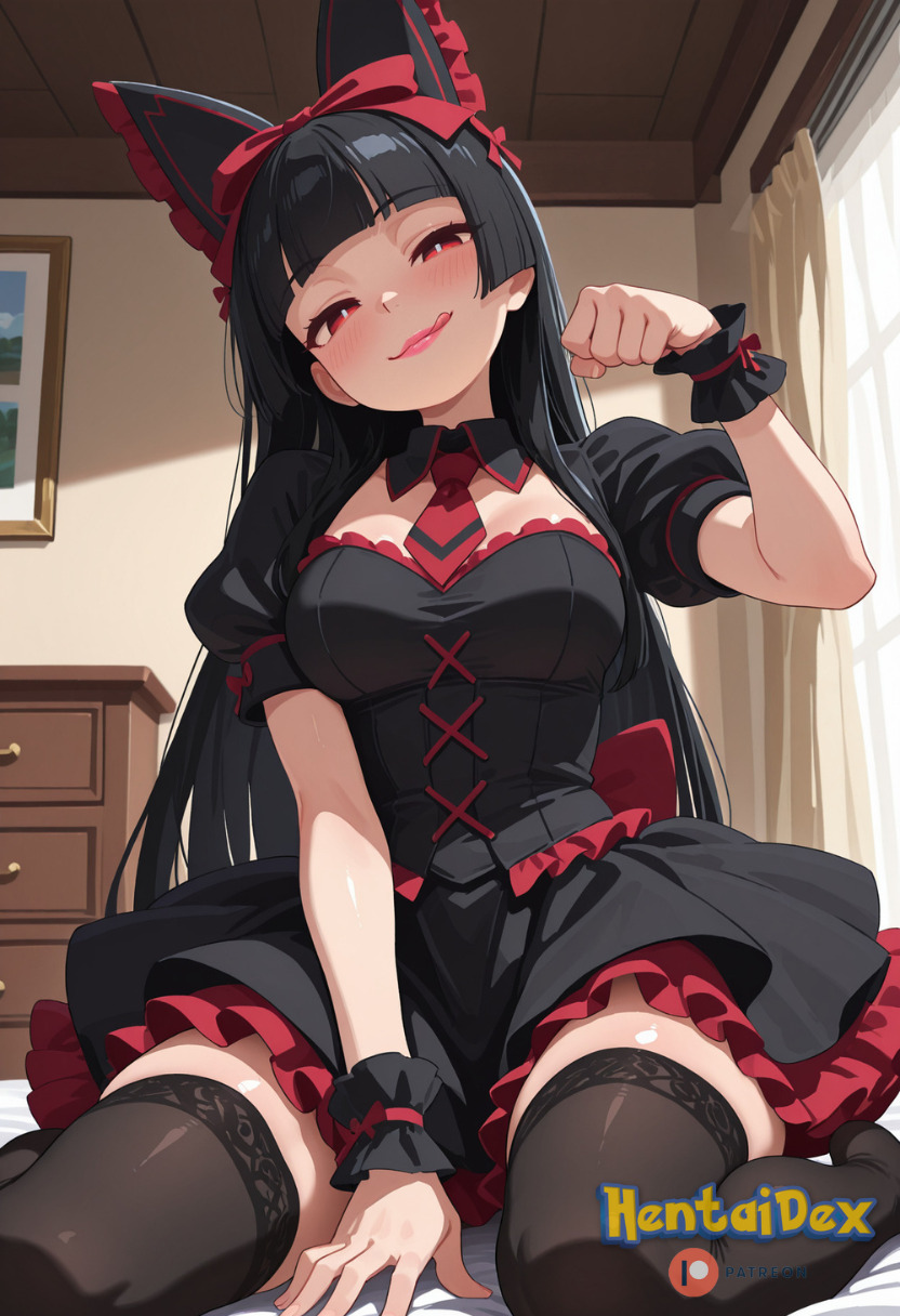 ai generated, bangs, black dress, black hair, black thighhighs, blunt bangs, blush, breasts, dress, female, gate - jieitai ka no chi nite kaku tatakaeri, gothic lolita, hentaidex, indoors, lolita fashion, long hair, looking at viewer, medium breasts, necktie, patreon, patreon username, paw pose, puffy short sleeves, puffy sleeves, red eyes, rory mercury, short sleeves, sitting, smile, solo, thighhighs, tongue, tongue out, wariza