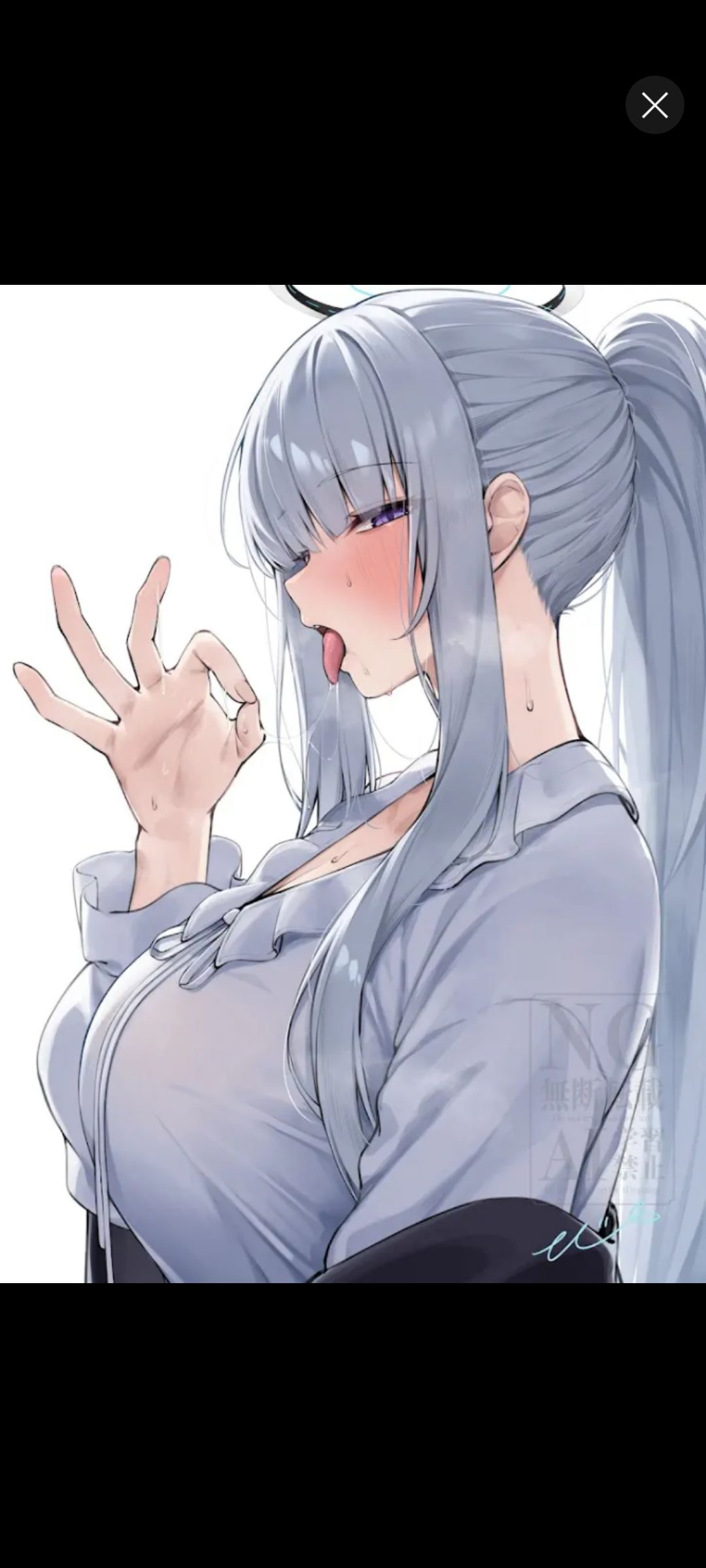 1girls, blowjob gesture, blue archive, breasts, female, large breasts, long hair, noa (blue archive), ponytail, white hair