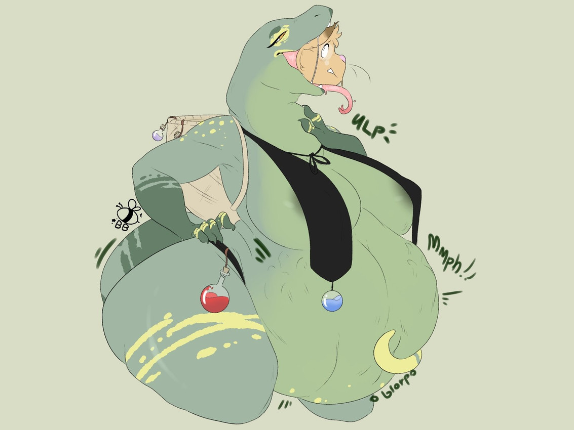 anthro, bumbleblues, female, green skin, larger female, larger pred, mostly nude, scalie, smaller prey, snake, snake girl, tattoo, unwilling prey, vore, vore belly