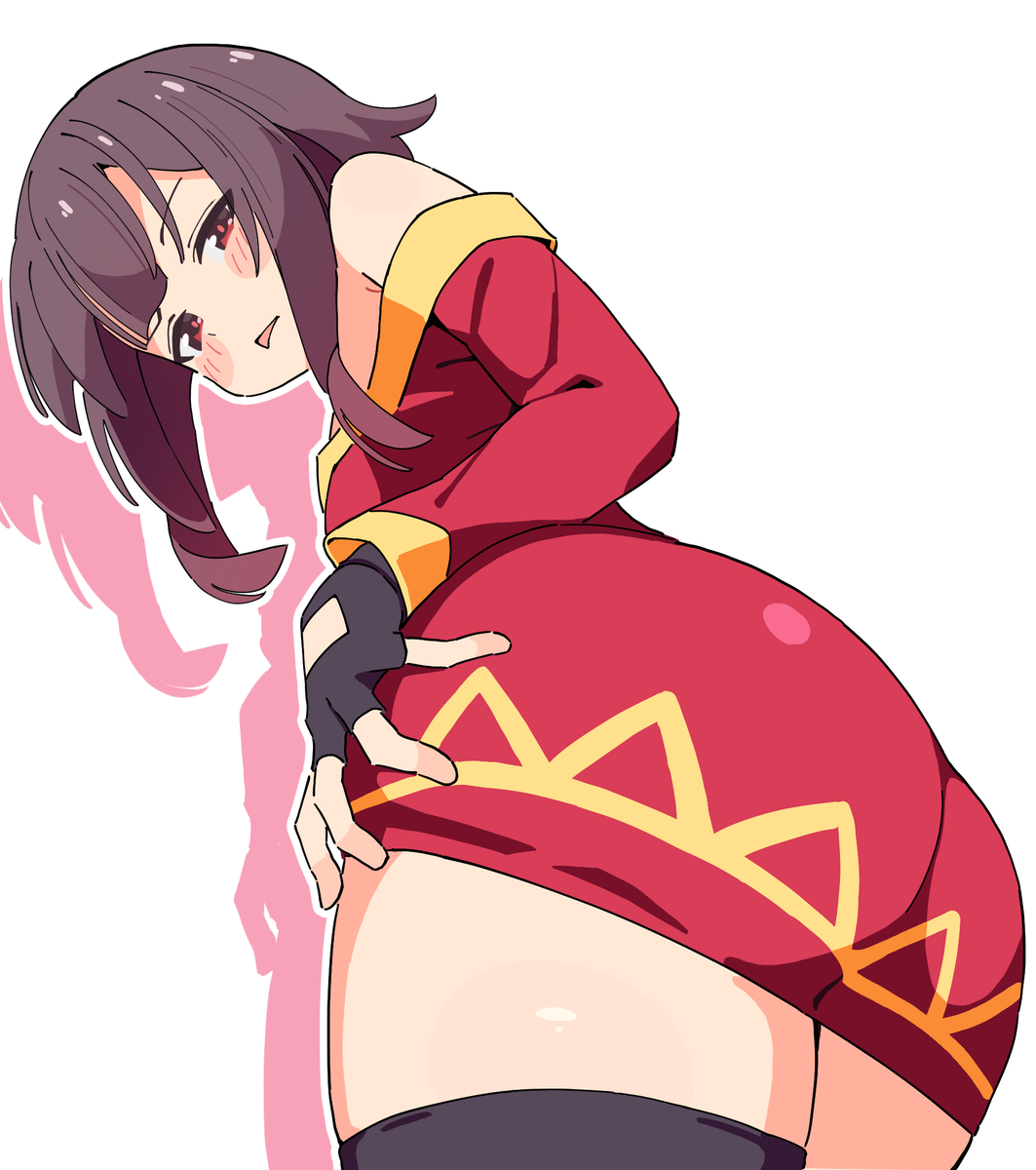 1girls, ass, big butt, blush, breasts, brown hair, clothed, crimson eyes, curvy, female, female only, fingerless gloves, gloves, huge ass, kono subarashii sekai ni shukufuku wo!, konosuba, legs, light skin, light-skinned female, looking back, looking back at viewer, megumin, noyama takenoko, red eyes, solo, thick ass, thick thighs, thighhighs, thighs, white background