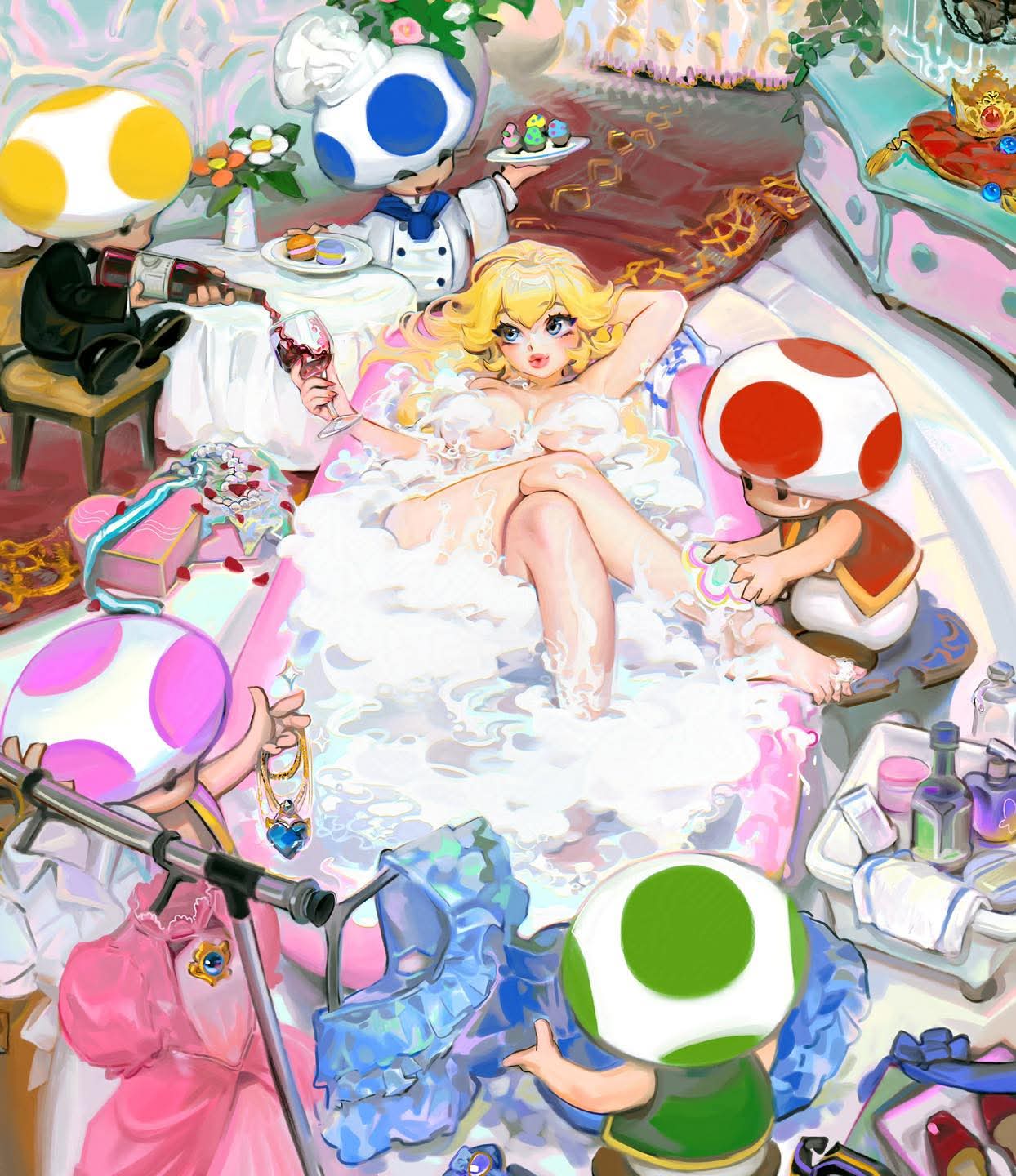 1girls, 5boys, bath, bathing, bathtub, blonde female, blonde hair, blue toad, bubble bath, casual, casual exposure, casual nudity, clothed male nude female, cmnf, female, food, green toad, male, mario (series), naked, naked woman, nintendo, nude, nude female, only one naked, princess peach, purple toad, red toad, super mario bros., toad (mario), wholesome, wine, wine glass, yellow toad, yeono0
