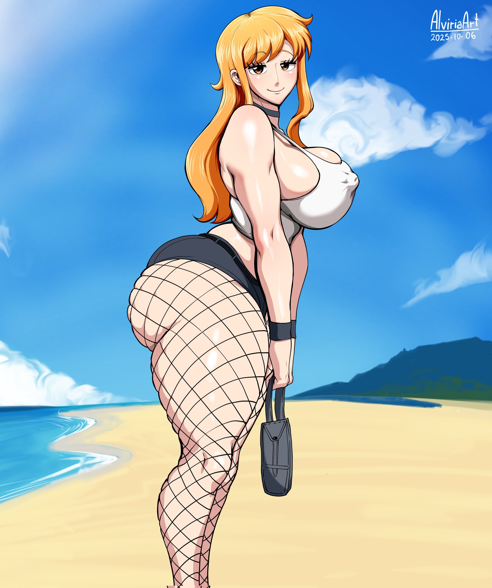 1girls, alviriaart, ass, big ass, big breasts, breasts, bubble butt, clothing, fat ass, female, female only, huge ass, large ass, nami (one piece), one piece, orange hair, solo, thick ass, thick thighs, wide hips