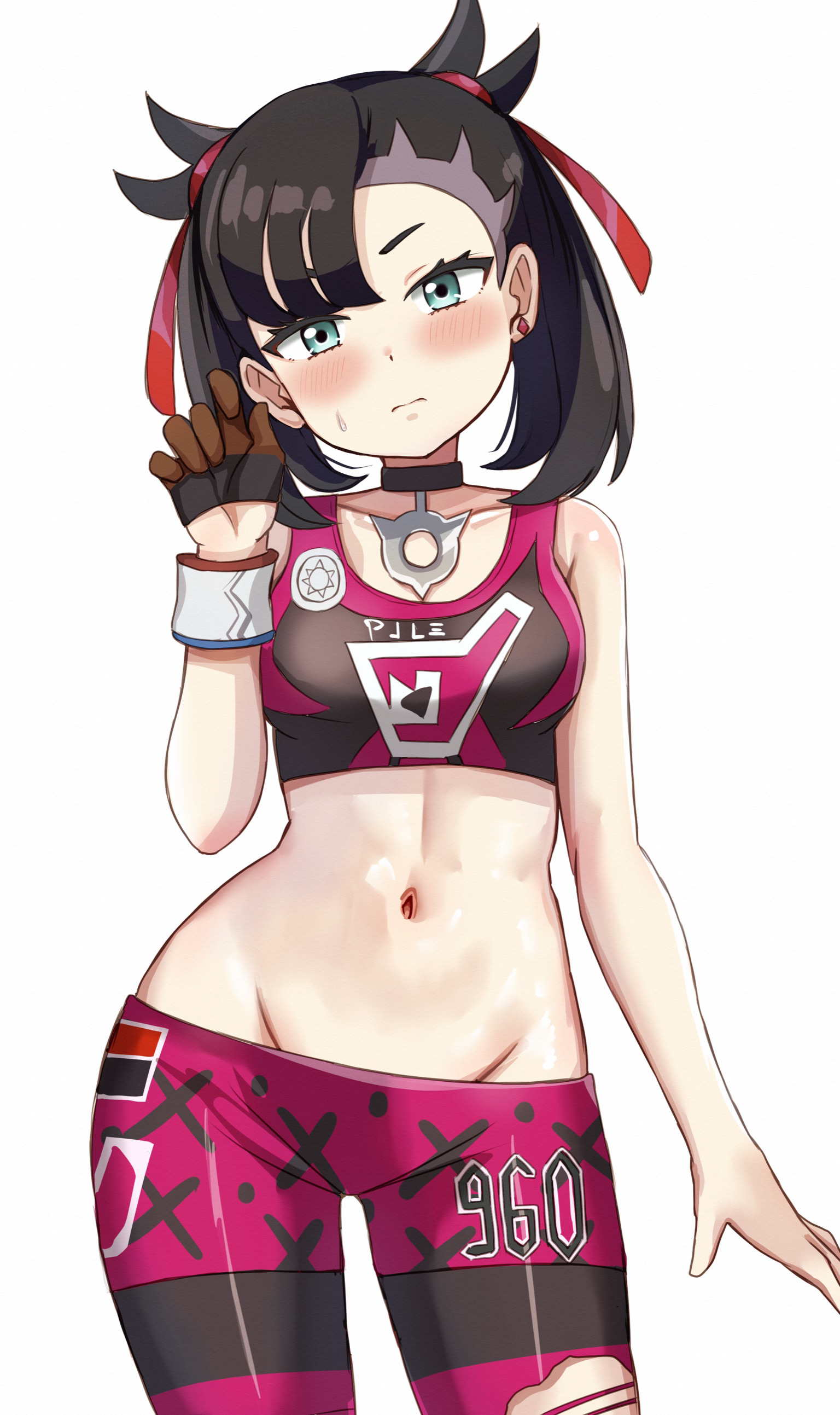 1girls, absurdres, asymmetrical bangs, black choker, black hair, blush, breasts, choker, closed mouth, commentary request, dynamax band, earrings, eyelashes, female, female only, gloves, green eyes, hair ribbon, hand up, head tilt, highres, jewelry, leggings, looking at viewer, marnie (pokemon), medium hair, midriff, navel, nintendo, nootomo, pokemon, pokemon ss, red ribbon, ribbon, single glove, solo, sports bra, sweatdrop, torn clothes, torn leggings, twintails, white background