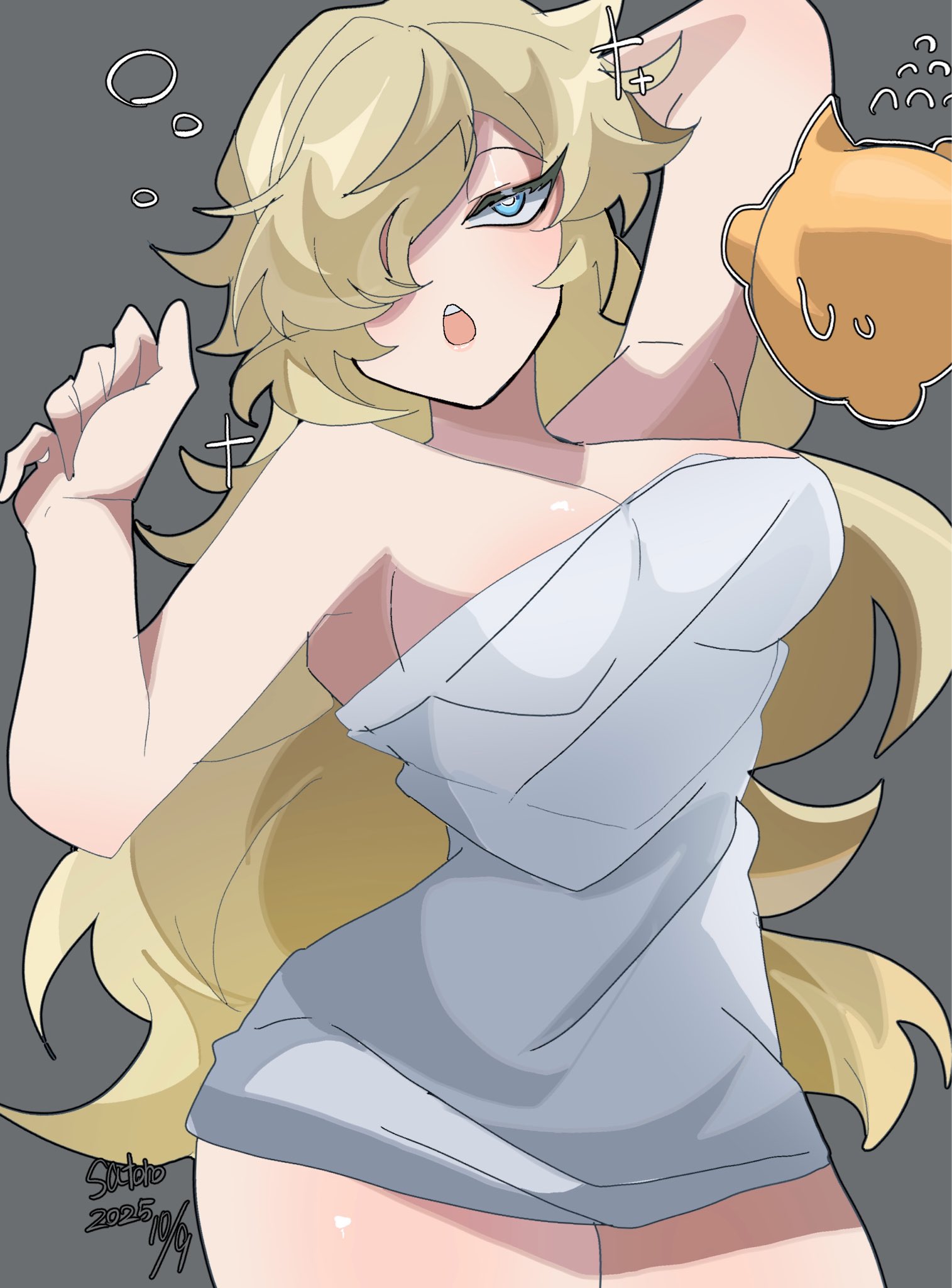 1girls, blonde hair, blue eyes, breasts, female, female only, grey background, hair over one eye, half-closed eyes, jewelry, long hair, looking at viewer, mario (series), nintendo, open mouth, princess rosalina, rosalina, satoro301, signature, simple background, solo, tagme, towel
