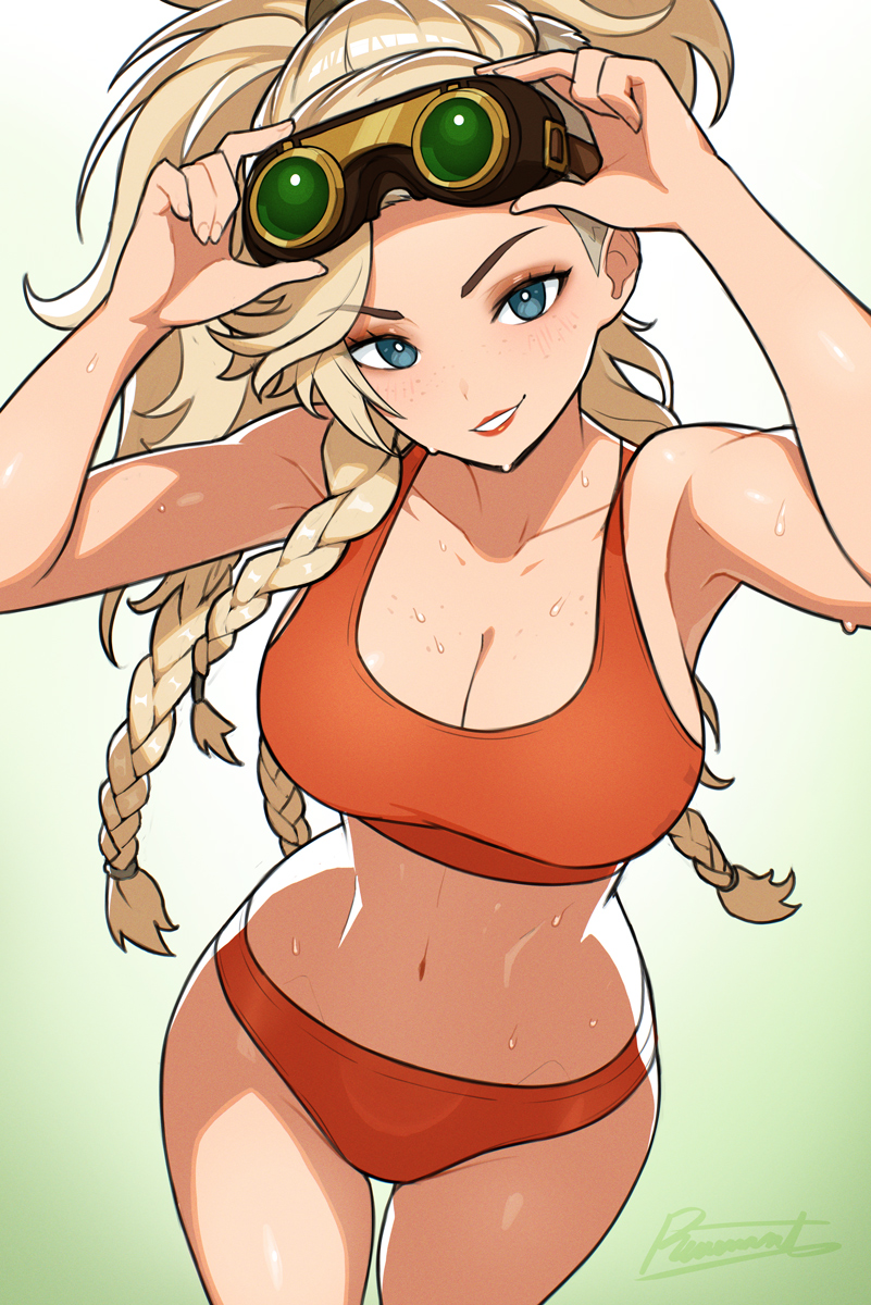 adjusting goggles, asymmetrical hair, blacksmith, blonde hair, blue eyes, braid, breasts, cleavage, female, female only, gemma (monster hunter wilds), goggles, goggles on head, gradient background, highres, large breasts, long hair, looking at viewer, monster hunter (series), multiple braids, navel, panties, ponytail, red panties, red sports bra, revenantart, solo, sports bra, sweat, underwear, underwear only