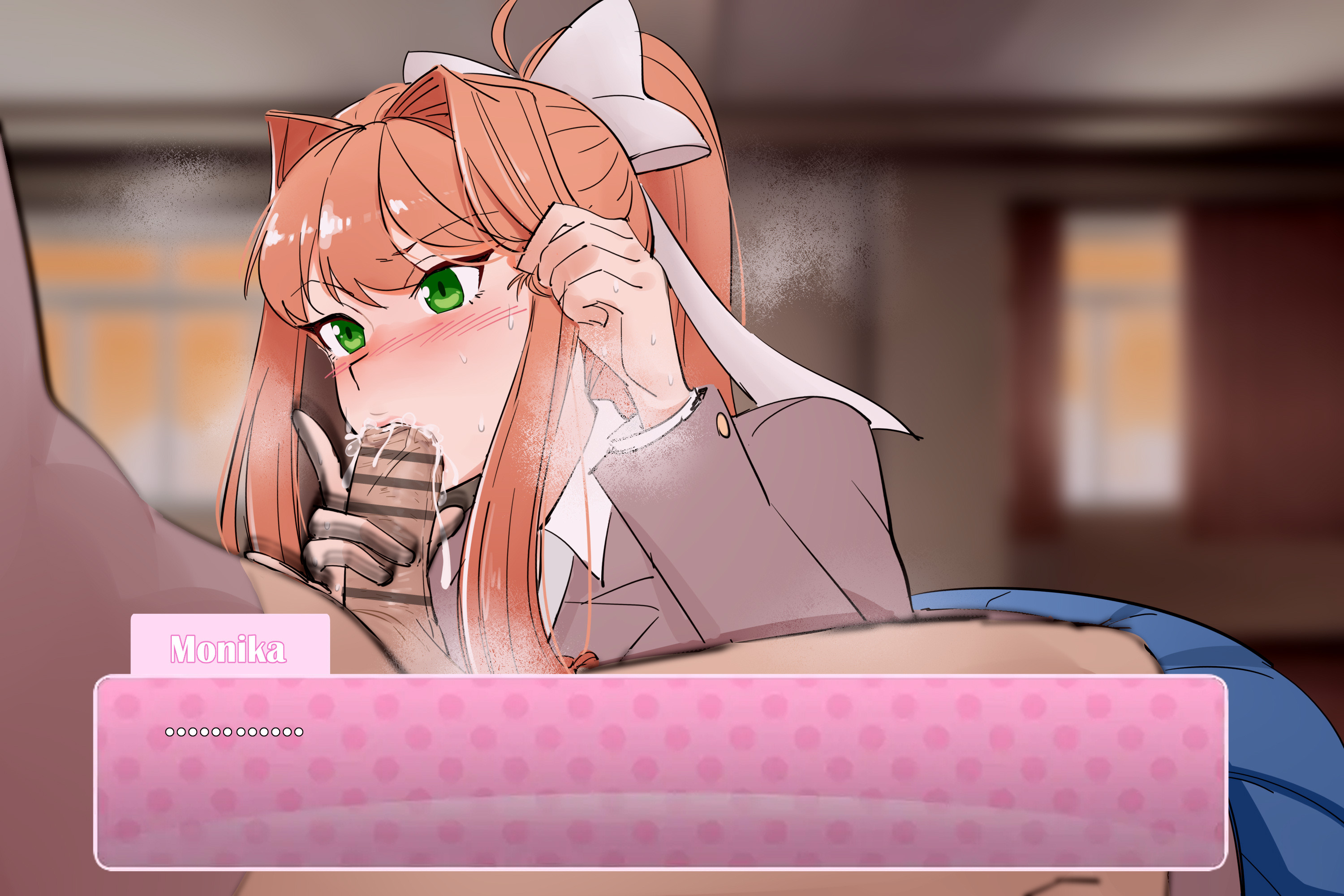 1boy1girl, anon, blowjob, blowjob face, blowjob only, blush, blush lines, breath, breath cloud, carambolatup, censor bar, censored, creampied, cum, cum drip, cum in mouth, cum inside, cumshot, deep blowjob, deep penetration, deep throat, deepthroat, doki doki literature club, face fucking, facefuck, fellatio, fellatio face, monika (doki doki literature club), musk, musk clouds, oral, oral creampie, oral penetration, oral sex, penis, penis in mouth, penis out, thick penis, unseen male face, variant set, you