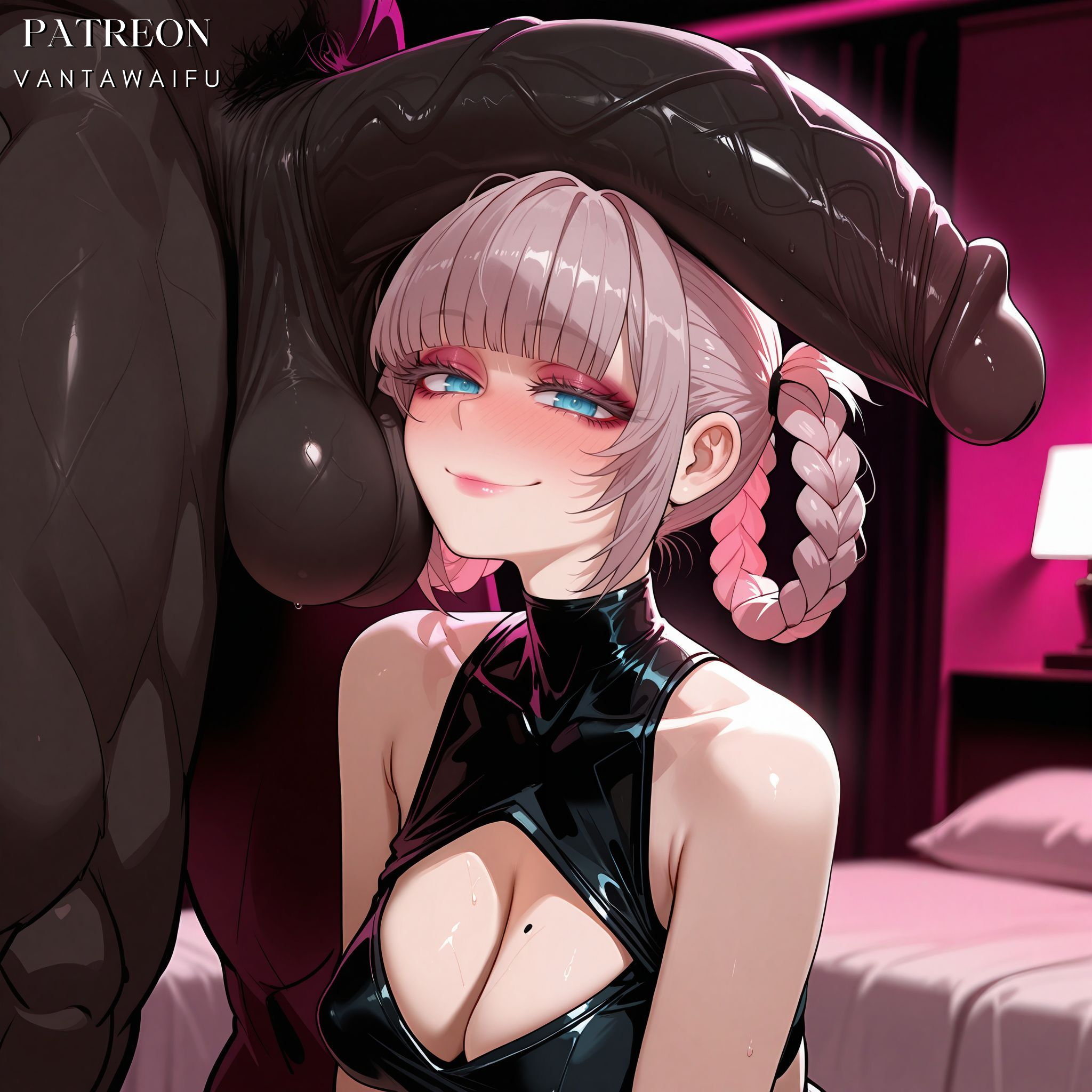 1boy, ai generated, balls, bangs, bare shoulders, bed, bedroom, blue eyes, blunt bangs, blush, braid, braided hair rings, breasts, cleavage, cleavage cutout, closed mouth, clothing, clothing cutout, covered collarbone, crop top, dark skin, dark-skinned male, erection, female, grey hair, hair rings, huge cock, indoors, interracial, lamp, large breasts, large penis, large testicles, looking at viewer, makeup, male, male pubic hair, mole, mole on breast, nanakusa nazuna, netorare, nose blush, ntr, penis, penis awe, pillow, pink hair, pubic hair, ringed eyes, short hair, sleeveless, sleeveless turtleneck, smile, solo focus, straight, sweat, testicles, turtleneck, twin braids, vantawaifu, veins, veiny penis, very dark skin, yofukashi no uta