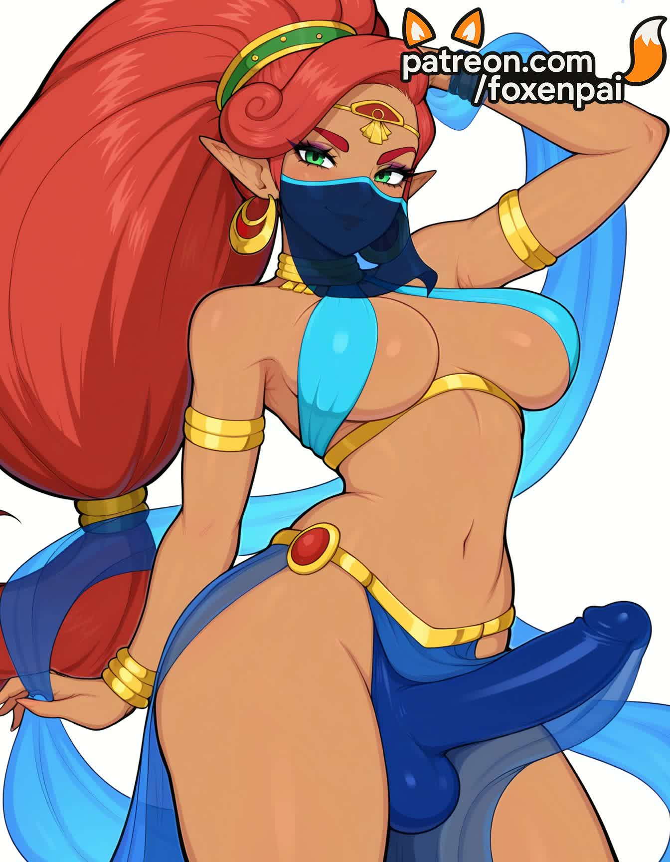 1futa, 2025, ai generated, artist name, balls, big hair, blue lips, breath of the wild, bulge, cock, crossdressing, dark skin, dark-skinned female, dick, earrings, erection, eyelashes, female, foreskin, foxenpai, futa with male, futanari, gerudo, green eyes, hi res, high quality, high resolution, highres, intersex, jewelry, lipstick, long hair, makeup, male, male focus, mouth veil, navel, neck ring, otoko no ko, patreon, patreon username, penis, pointy ears, red hair, rule 63, solo, stable diffusion, testicles, the legend of zelda, thick eyebrows, tight foreskin, uncensored, uncircumcised, urbosa, very long hair, watermark