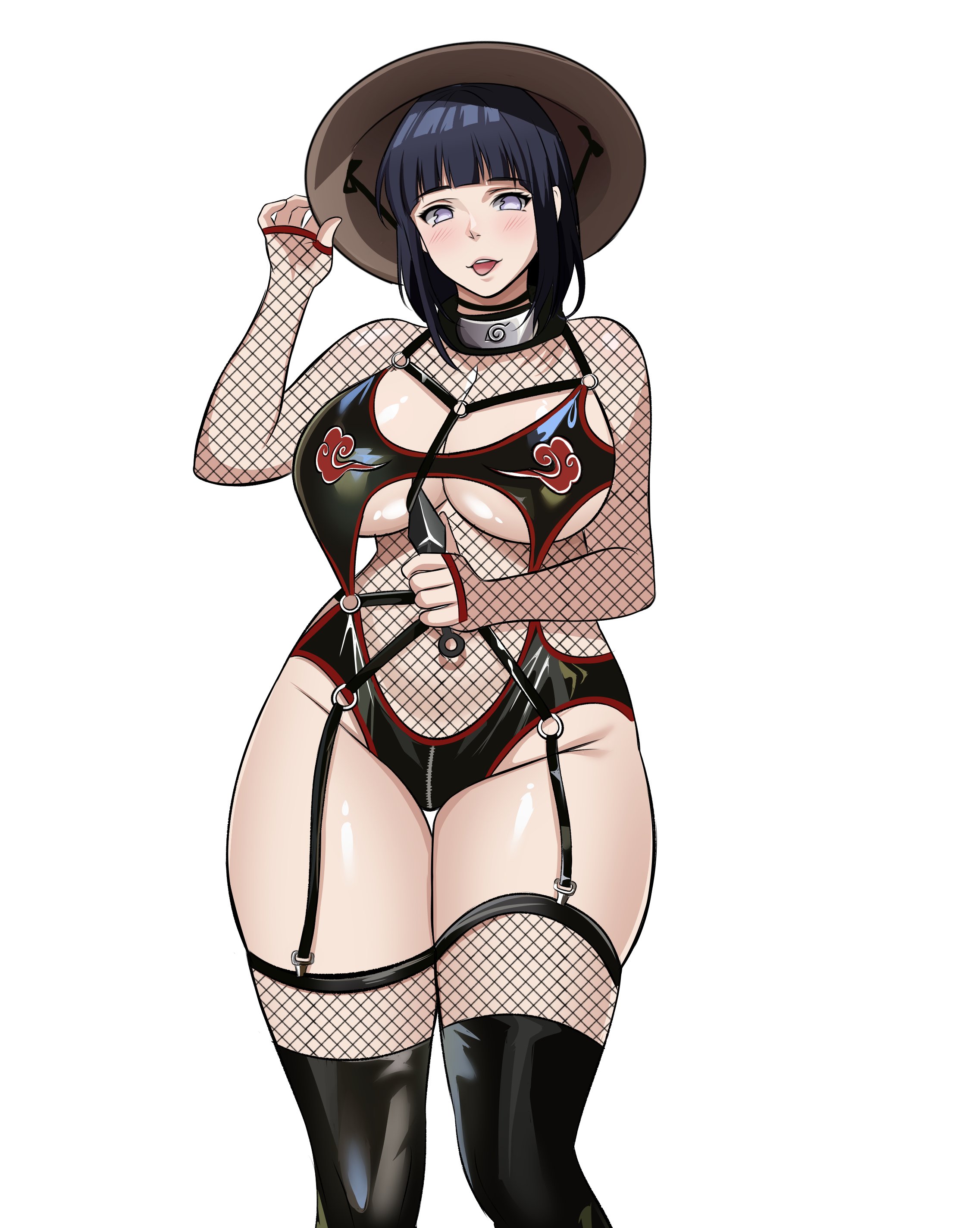 1girls, absurdres, akatsuki (naruto), alternate hair length, big breasts, black hair, black leotard, black thighhighs, breasts, cleavage, cowboy shot, female, female only, fishnet shrug, hat, highres, holding, holding kunai, holding weapon, huge breasts, hyuuga hinata, kunai, large breasts, leotard, looking at viewer, naruto, naruto (series), naruto shippuuden, no pupils, purple eyes, shrug (clothing), simple background, solo, thick thighs, thighhighs, underboob, weapon, zuyu (zuyuzuyu6), zuyuzuyu6