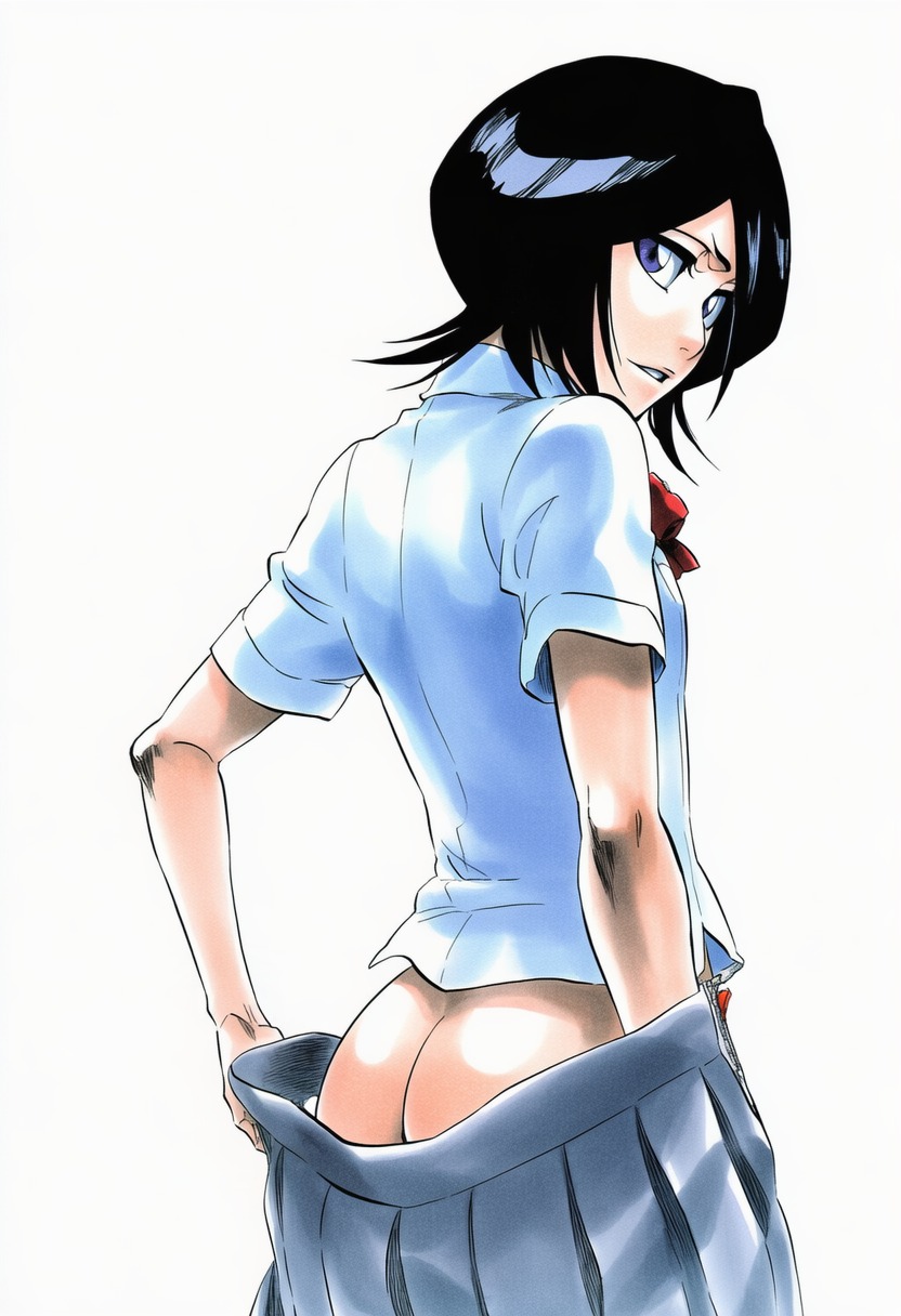 1girls, accurate art style, accurate body type, ai generated, ass, ass focus, black hair, bleach, bow, butt crack, clothes pull, clothing, fanart, female, female focus, female only, from behind, grey skirt, hair between eyes, highres, kuchiki rukia, light skin, light-skinned female, looking at viewer, looking back, marker (medium), no panties, no underwear, parted lips, petite, pleated skirt, purple eyes, school uniform, shiny hair, shiny skin, shirt, short hair, short sleeves, simple background, skirt, skirt pull, slender waist, small breasts, solo, solo female, solo focus, tite kubo style, undressing, white background, white shirt, ㅇㅇ