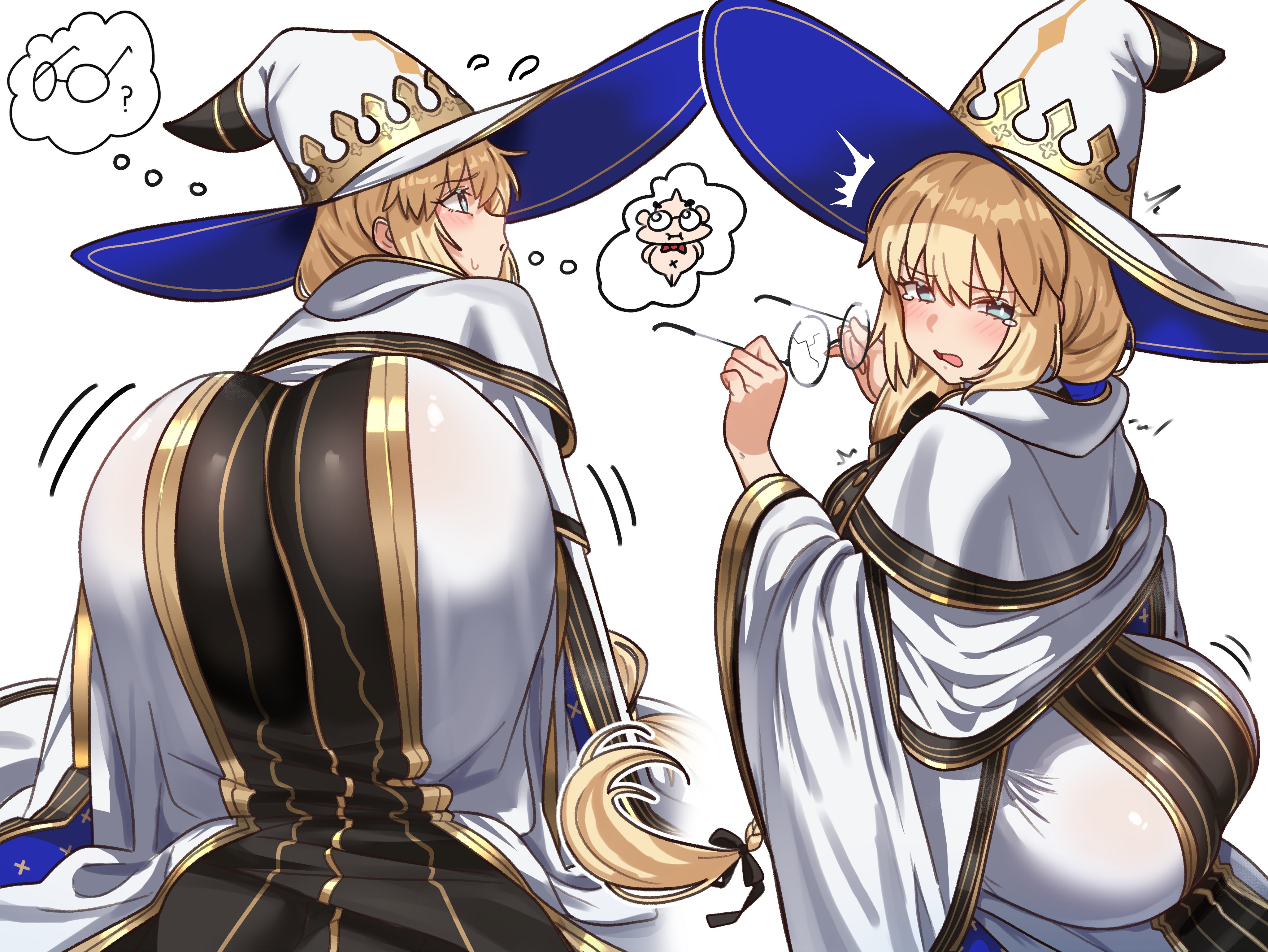 1girls, ass, ass focus, back view, big ass, big breasts, blush, bottom heavy, breasts, bubble butt, curvy figure, ebora, fate (series), fate/grand order, female, female focus, female only, fully clothed, glasses, huge ass, light-skinned female, long hair, morgan le fay (fate), on all fours, solo, thick thighs, tight clothing, tonelico (fate), wide hips, witch hat