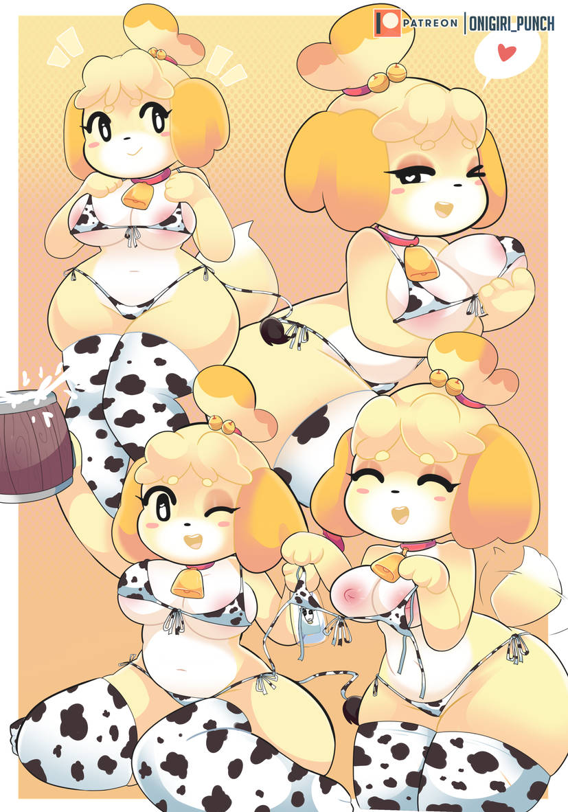 1girls, 2023, 2d, animal crossing, anthro, areolae, breasts, canid, canine, canis, collar, cow print, cow print bikini, cow print thighhighs, curvy, domestic dog, female, female only, furry, happy, holding breast, isabelle (animal crossing), milk, multiple images, nintendo, oni punch, onigiri punch, solo, tail, thick thighs, thighs, wink, winking at viewer, yellow fur