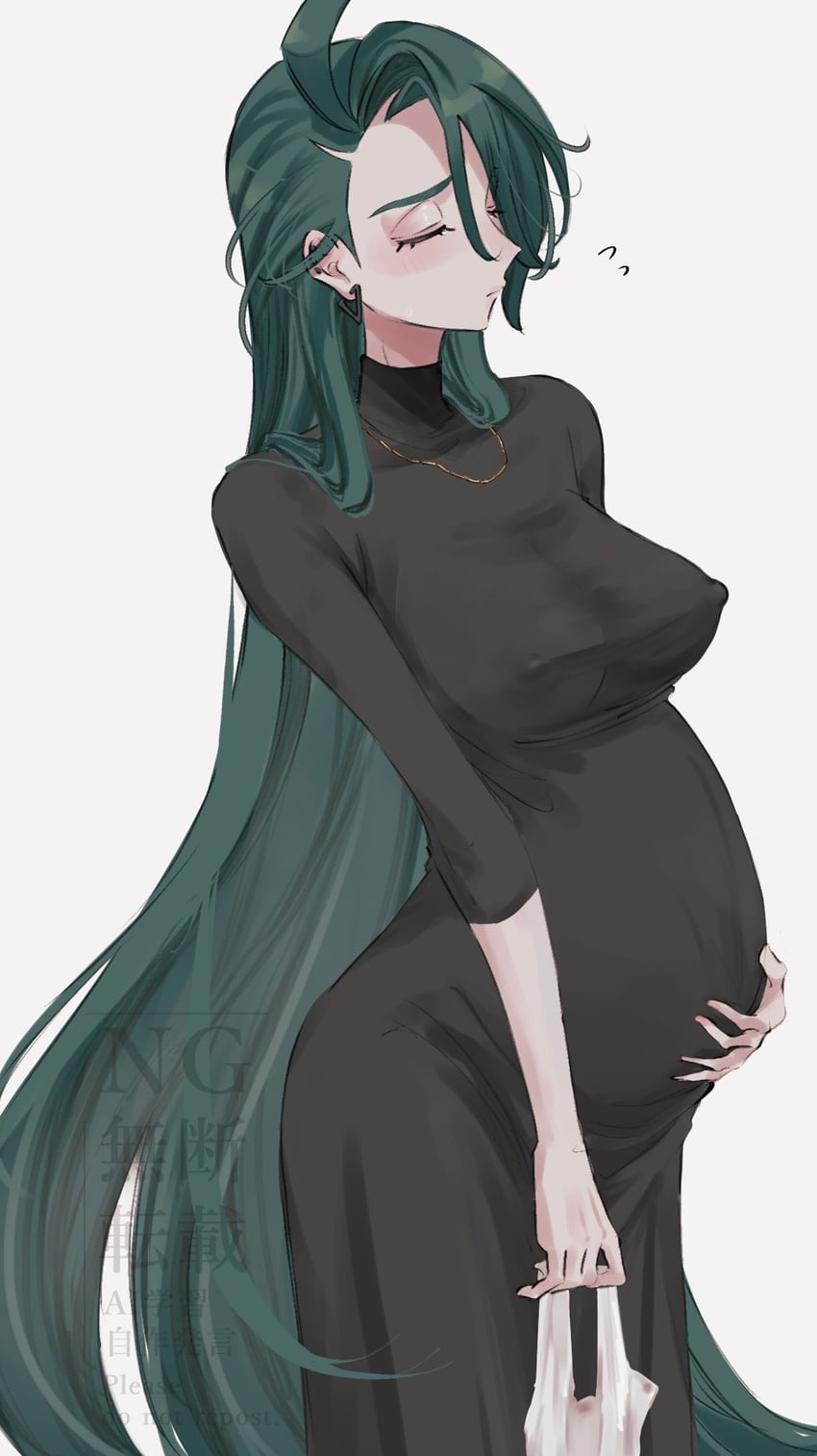 black dress, elite four, eyes closed, green hair, large breasts, maternity clothes, maternity dress, mtkpasta, necklace, nipples visible through clothing, pokemon, pregnant, pregnant belly, pregnant female, red eyes, rika (pokemon), sexy, sexy female, solo, solo female, teal hair