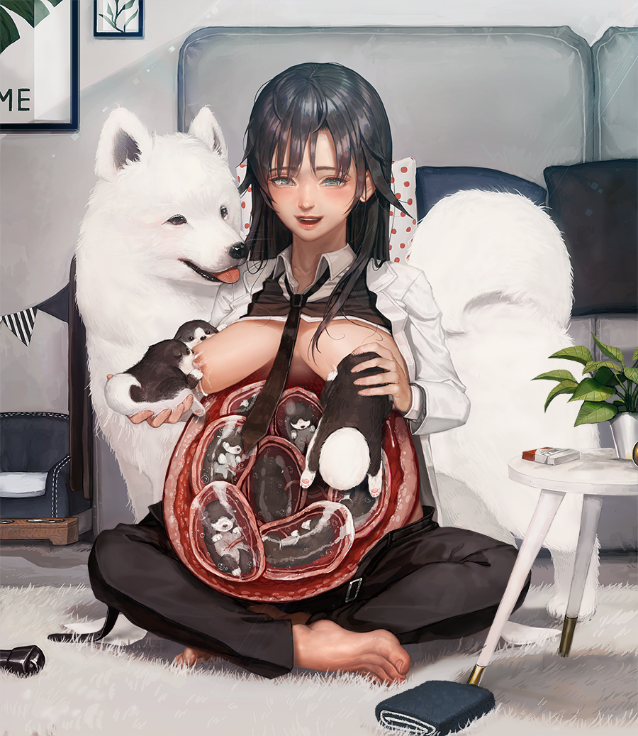 1boy 1girls black_hair breastfeeding breasts canine clothing cross_section female fetus hiratsuka_shizuka interspecies interspecies_pregnancy lactation long_hair my_teen_romantic_comedy_snafu open_mouth pregnant puppy ready_to_pop shirt shirt_lift umbilical_cord uterus x-ray zoophilia