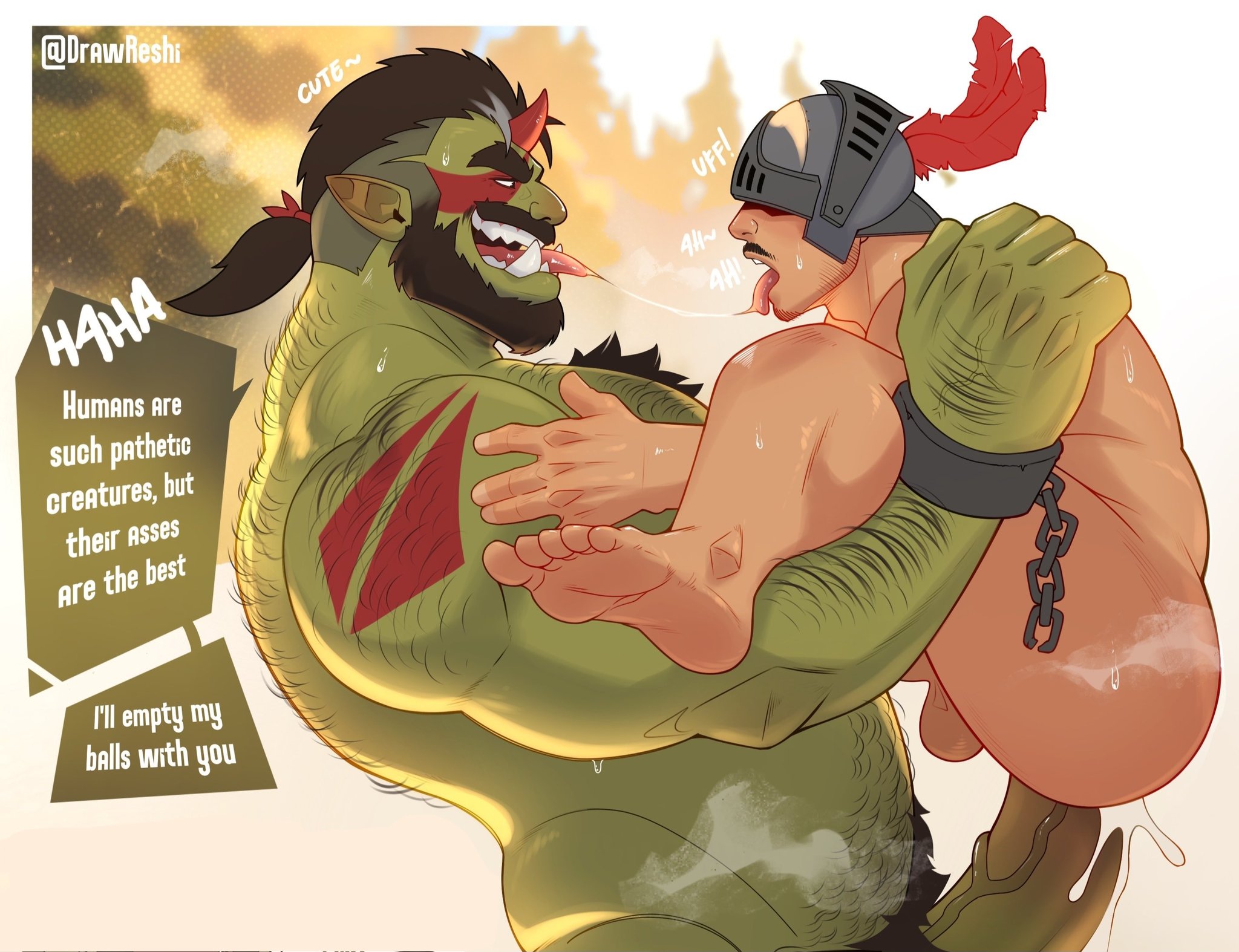2boys, 2d, 2d (artwork), black hair, cum, cum in ass, cum inside, dialogue, drawreshi, gay, gay anal, gay sex, green skin, male only, male penetrating male, male/male, orc, orc male, pubic hair