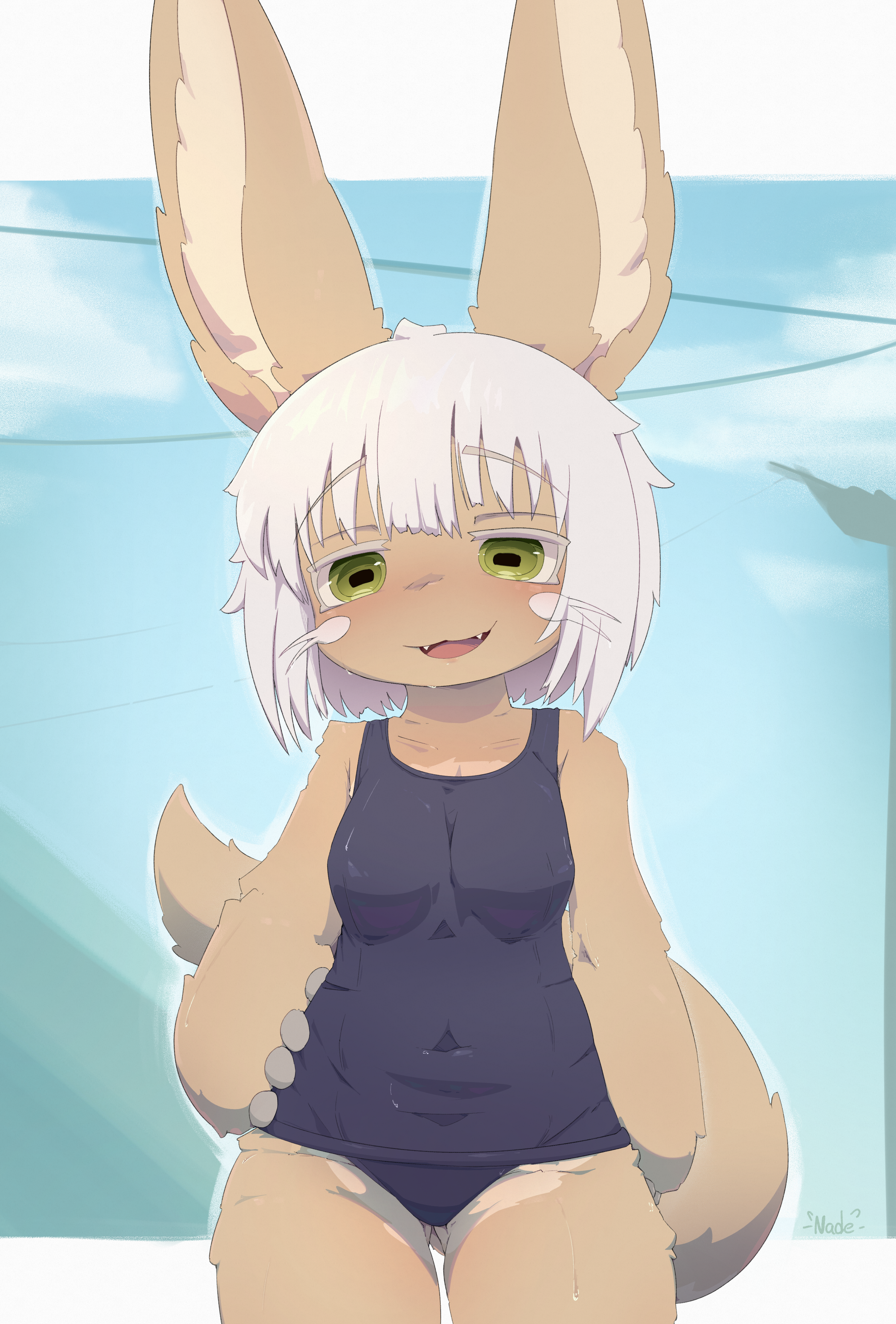 absurd res, anthro, blush, breasts, brown body, brown fur, butt, clothed, clothing, female, fluffy, fluffy tail, fur, hair, hand on hip, hi res, lagomorph, leporid, looking at viewer, made in abyss, mammal, nade arts, nanachi, narehate, open mouth, school swimsuit, scut tail, short hair, short stack, short tail, small breasts, smile, smug, solo, solo female, swimwear, tail, thick thighs, water, whiskers, white hair, wide hips