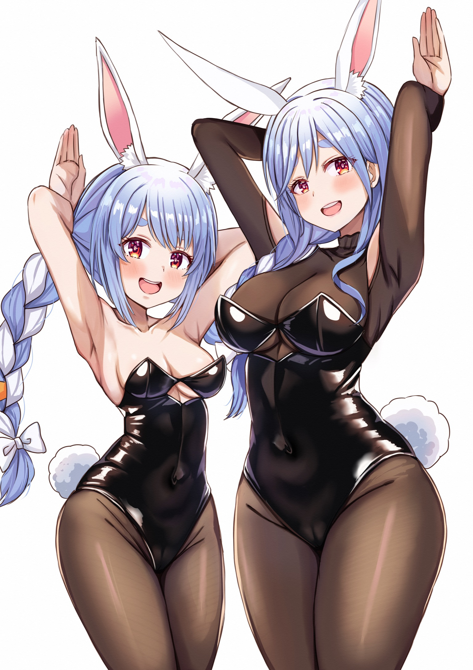 1girls, 2girls, animal ear fluff, animal ears, black bodysuit, black leotard, black pantyhose, blue hair, blush, bodysuit, bow, braid, braided ponytail, breasts, cleavage, covered navel, female, female only, hair over shoulder, hairbow, highres, hololive, hololive fantasy, hololive japan, large breasts, leotard, long hair, looking at viewer, mature female, medium breasts, mother and daughter, multicolored hair, multiple females, multiple girls, nootomo, open mouth, pantyhose, pekomama, rabbit ears, rabbit girl, rabbit pose, rabbit tail, rabbit-shaped pupils, red eyes, short eyebrows, smile, strapless, strapless leotard, streaked hair, symbol-shaped pupils, tail, teeth, twin braids, upper teeth only, usada pekora, virtual youtuber, white background, white bow, white hair