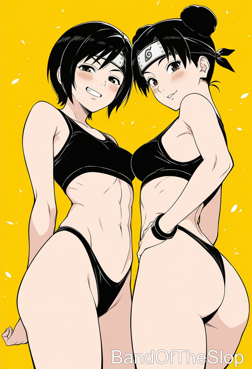 2girls, ai generated, ass, bandoftheslop, big ass, black hair, blush, bra, bracelet, breasts, brown eyes, brown hair, cleavage, crossover, double bun, duo, female, female only, final fantasy, final fantasy vii, final fantasy vii rebirth, final fantasy vii remake, forehead protector, hand on hip, headband, highleg, hourglass figure, konohagakure symbol, kunoichi, legs together, light-skinned female, looking at viewer, medium breasts, mostly nude, multiple girls, naruto, naruto (series), naruto shippuden, navel, ninja, panties, partially clothed, petite, pixie cut, pose, posing, sensual, shounen jump, smile, square enix, take your pick, tenten, thick thighs, thighs, twin buns, underwear, wide hips, yellow background, yuffie kisaragi