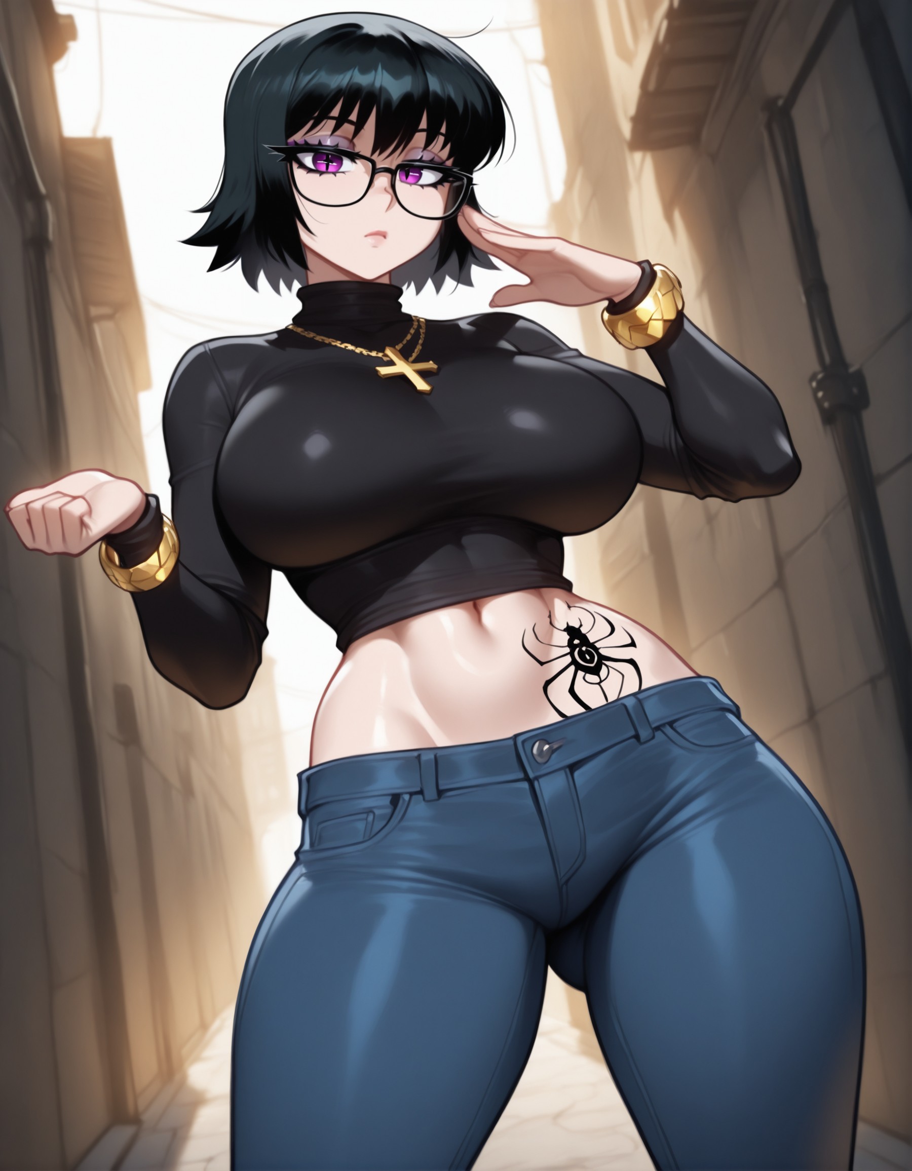 1girls, ai generated, big breasts, black hair, black sweater, breasts, brown eyes, female, glasses, hip tattoo, huge breasts, hunter x hunter, jeans, shizuku murasaki, short hair, sillyhina, spider tattoo, sweater, tattoo, thick ass, thick thighs, voluptuous, voluptuous female