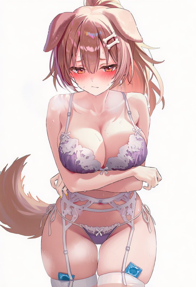 1girls, 2025, 2d, ai generated, blush, breasts, brown hair, condom, crossed arms, curvy, dog ears, dog girl, dog tail, female, female only, hi res, hololive, hololive gamers, hololive japan, inugami korone, light skin, light-skinned female, moi6d6f69, simple background, solo, stomach, sweat, sweatdrop, thick thighs, thighs, underwear, virtual youtuber, white background