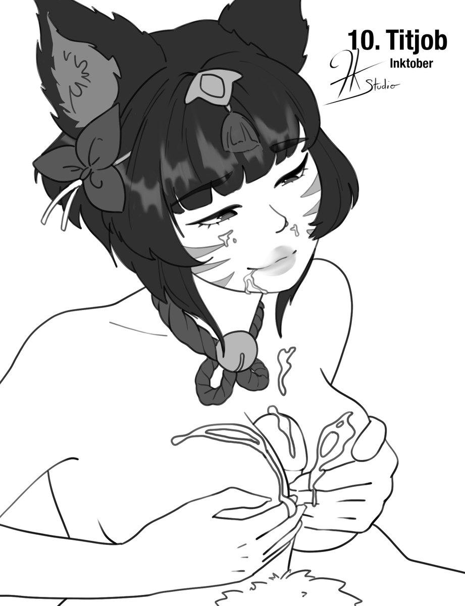 after hours spirit blossom springs ahri, ahri, ahri (league of legends), boobjob, breasts, cum, cum on body, cum on breasts, cum on face, female, fkstudio, fox girl, french kiss studio, grayscale, inktober, kinktober, kinktober 2025, league of legends, lewdtober, paizuri, sketch, titjob