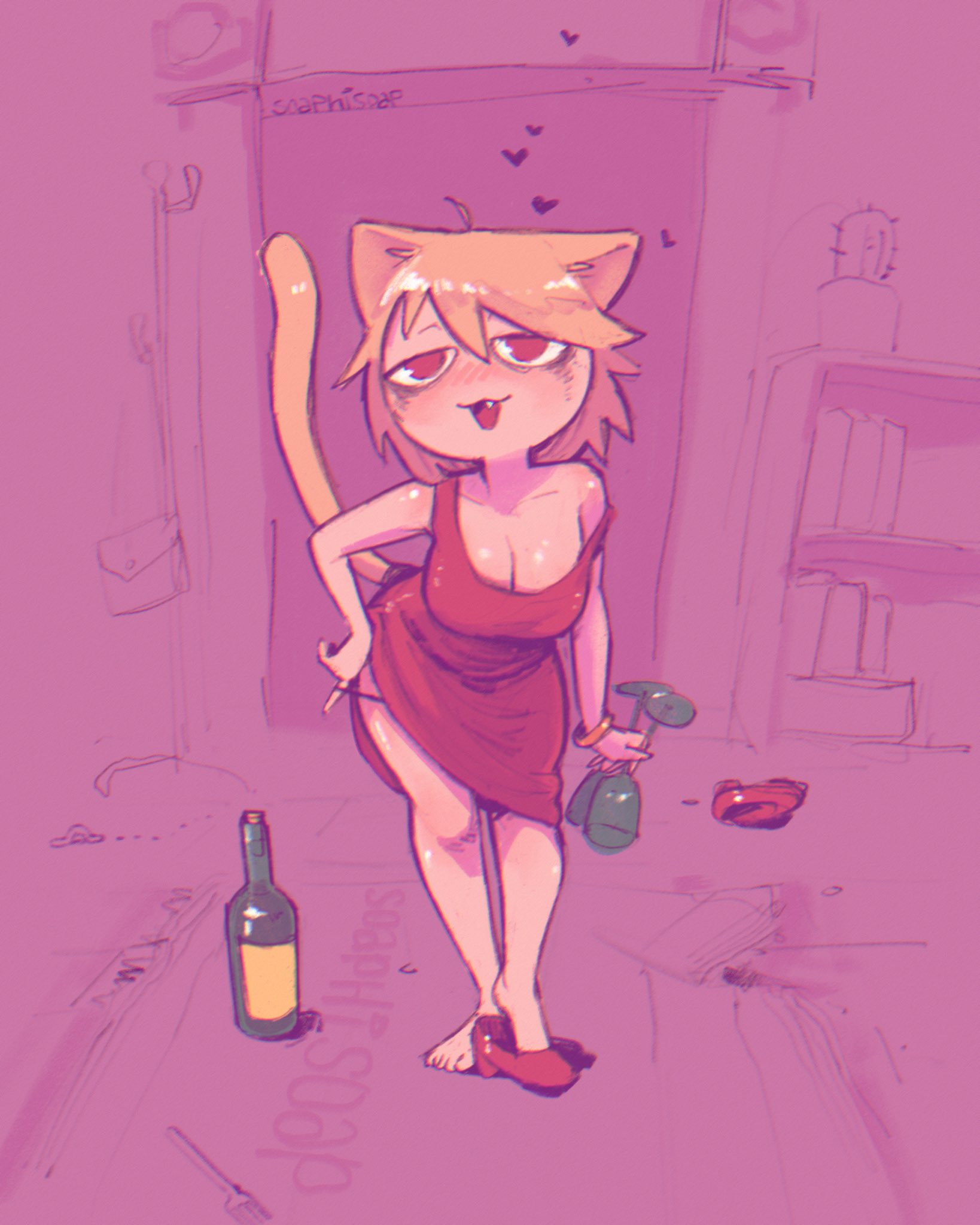 1girls, 2d, big breasts, breasts, cat ears, cat tail, cleavage, dress, drunk, feet, feline, female, heels, light skin, light-skinned female, looking at viewer, melty blood, neco-arc, panties, red dress, red eyes, soaphisoap, solo, solo female, taking off shoes, wine, wine glass