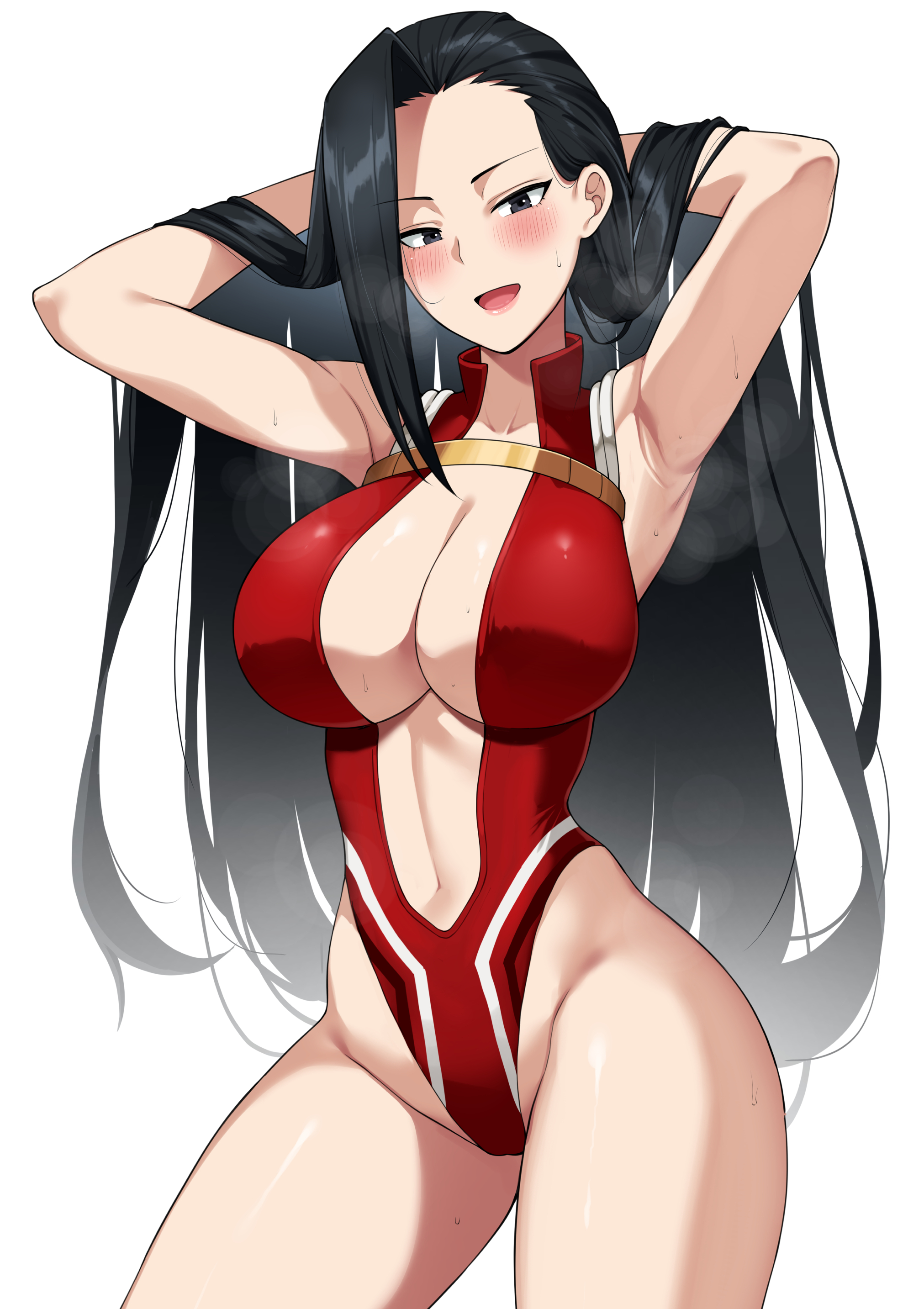 1girls, absurdres, armpits, arms behind head, arms up, bare shoulders, black eyes, black hair, black-haired female, blush, boku no hero academia, breasts, center opening, cleavage, creati, creaty, curvy, female, female only, fit female, hair pulled back, highleg, highleg leotard, highres, hourglass figure, human, human female, large breasts, leotard, light-skinned female, long hair, looking at viewer, momo yaoyorozu, momo yaoyorozu (hero outfit), my hero academia, navel, nekosama shugyouchuu, open mouth, red leotard, shiny skin, slim waist, smile, solo, superheroine, teenage girl, teenager, thick thighs, thighs, thong leotard, very long hair, wide hips, yaoyorozu momo, yaoyorozu momo (hero outfit)